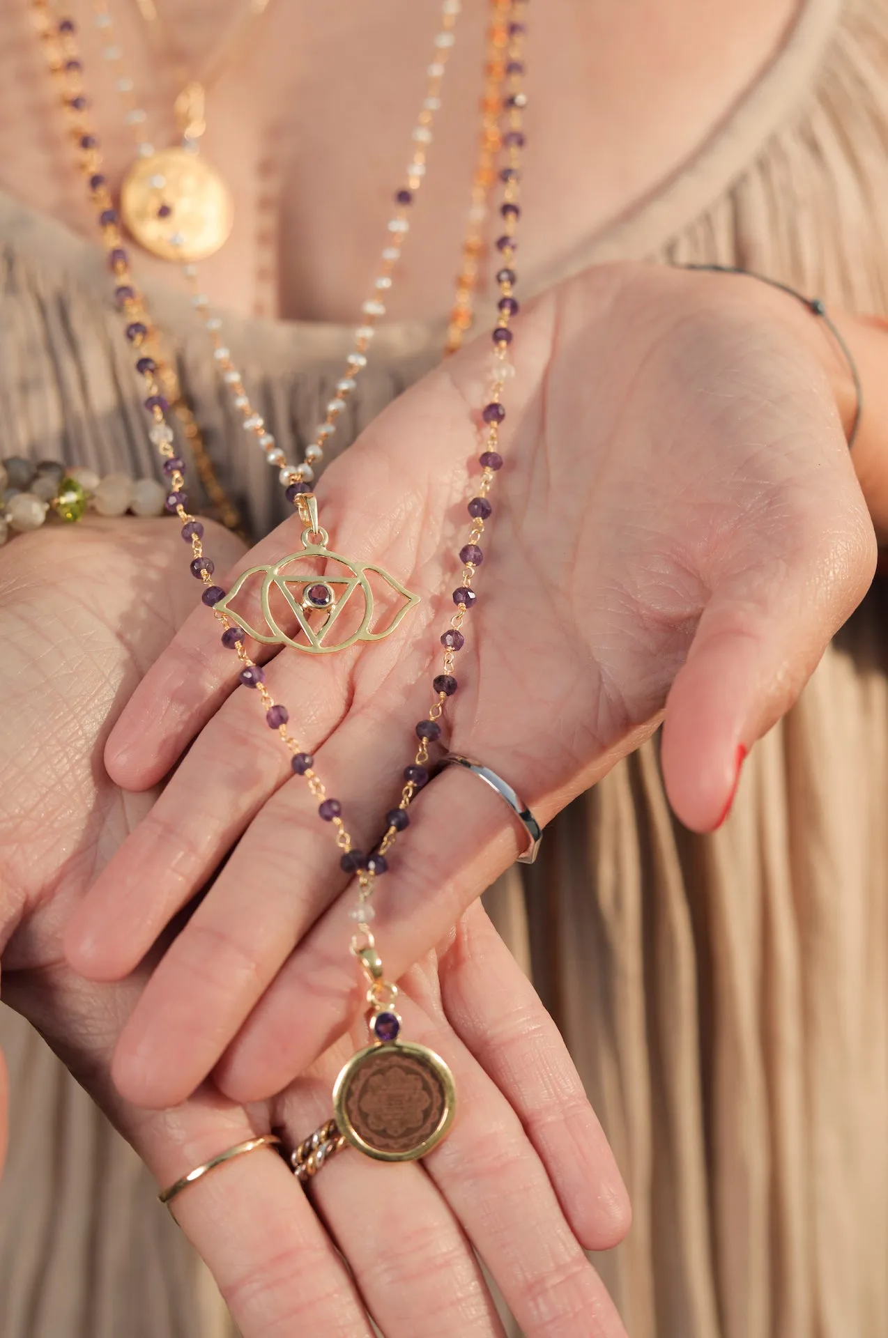 Amethyst and Crystal Sri Yantra Necklace bc