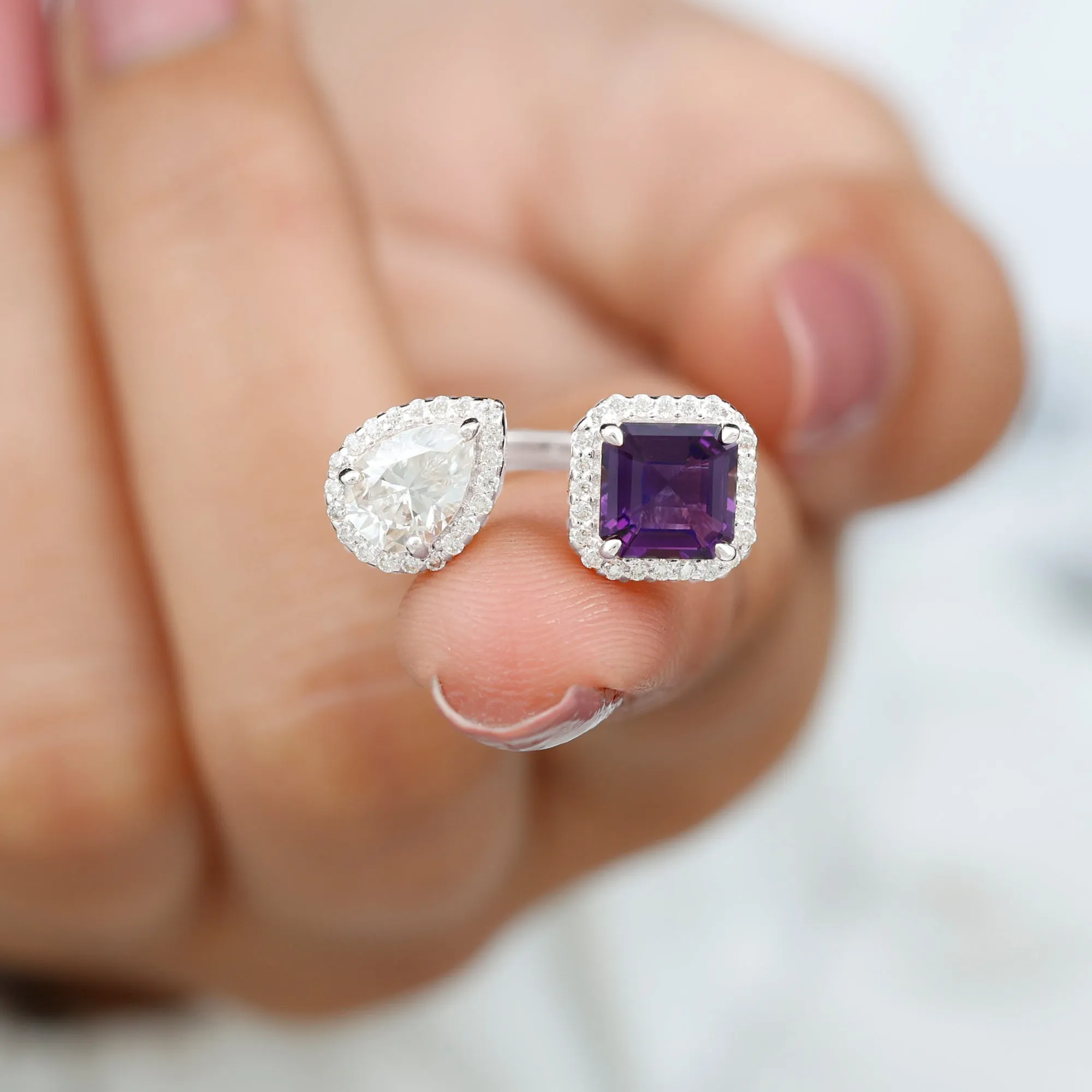 Amethyst and Moissanite Two Stone Cuff Ring