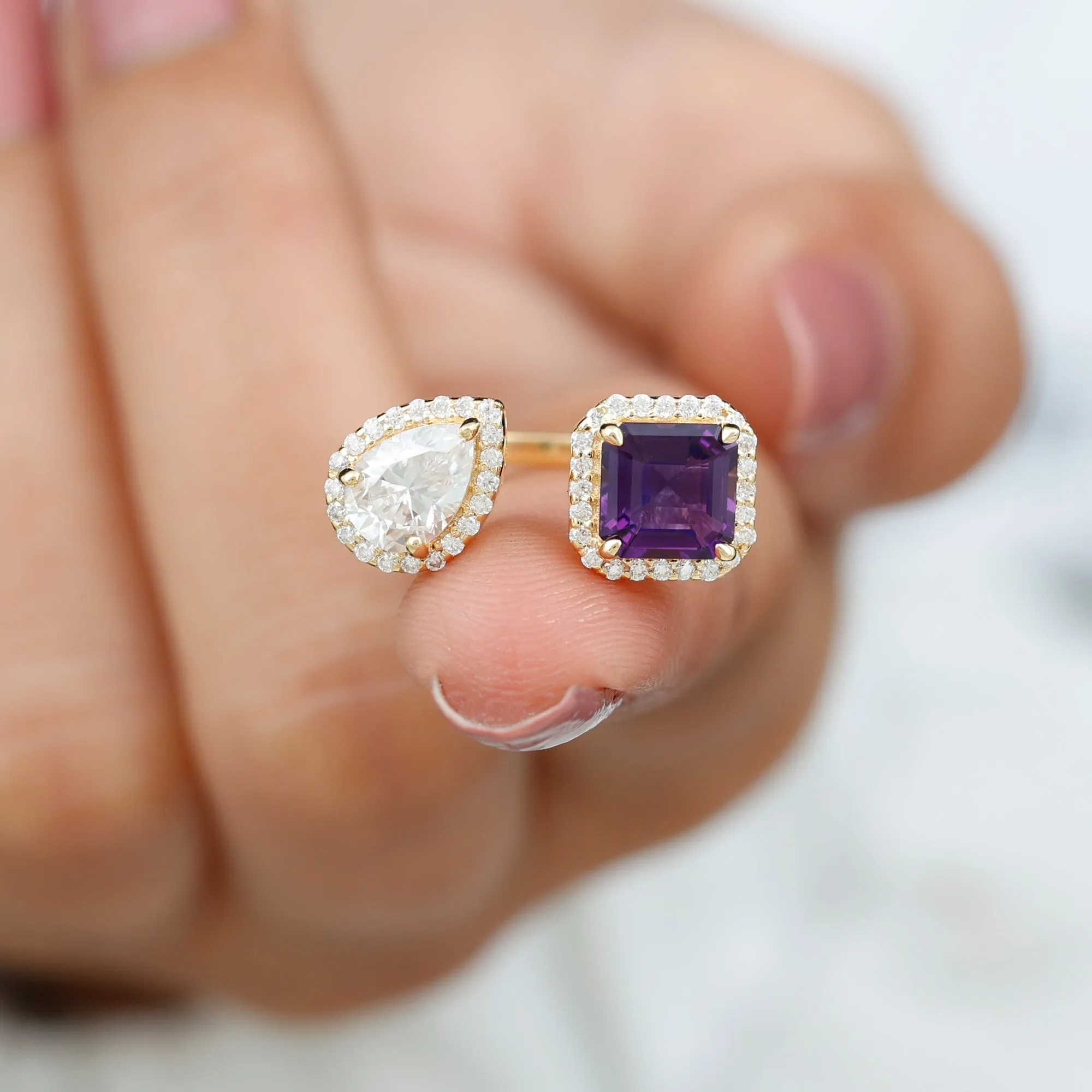 Amethyst and Moissanite Two Stone Cuff Ring