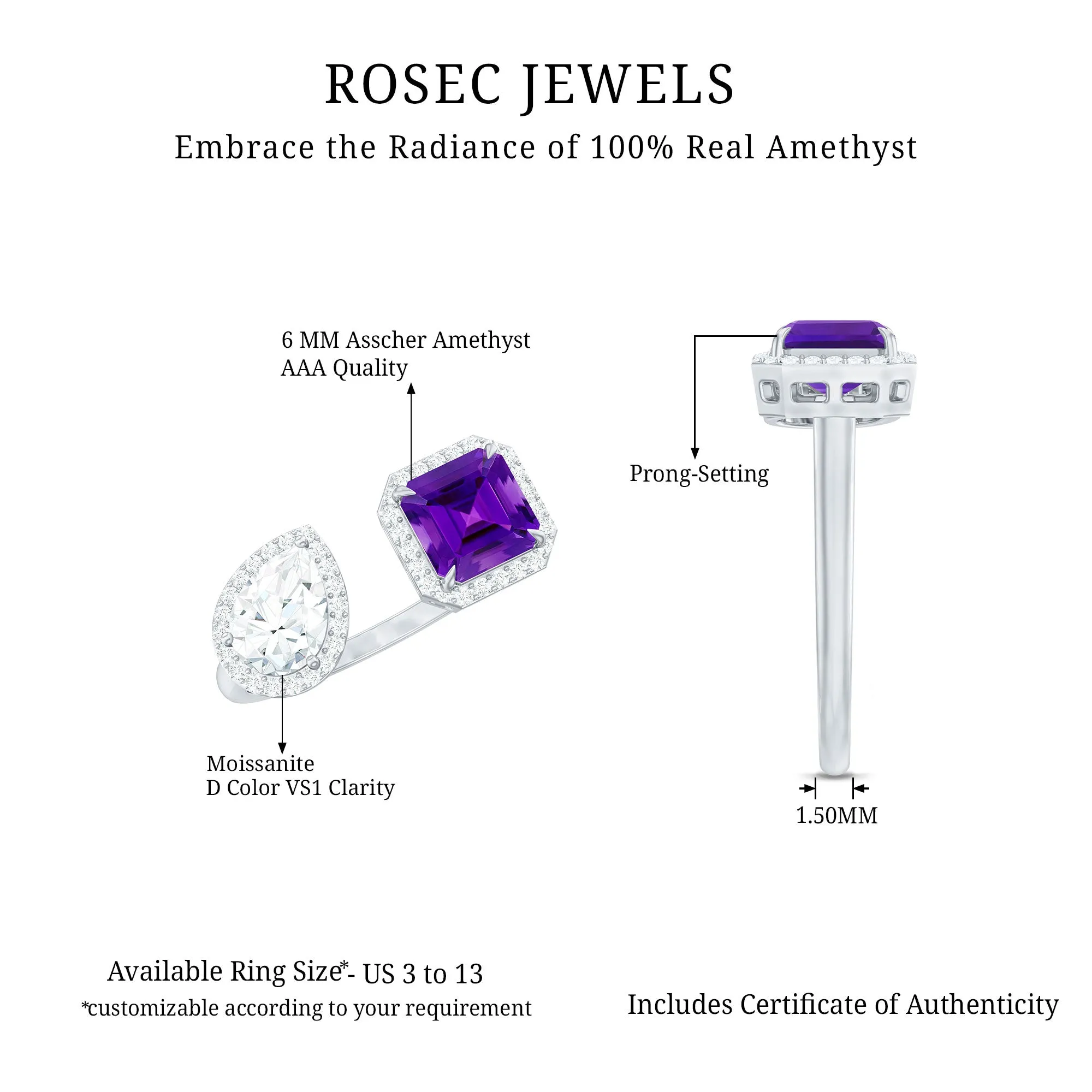 Amethyst and Moissanite Two Stone Cuff Ring