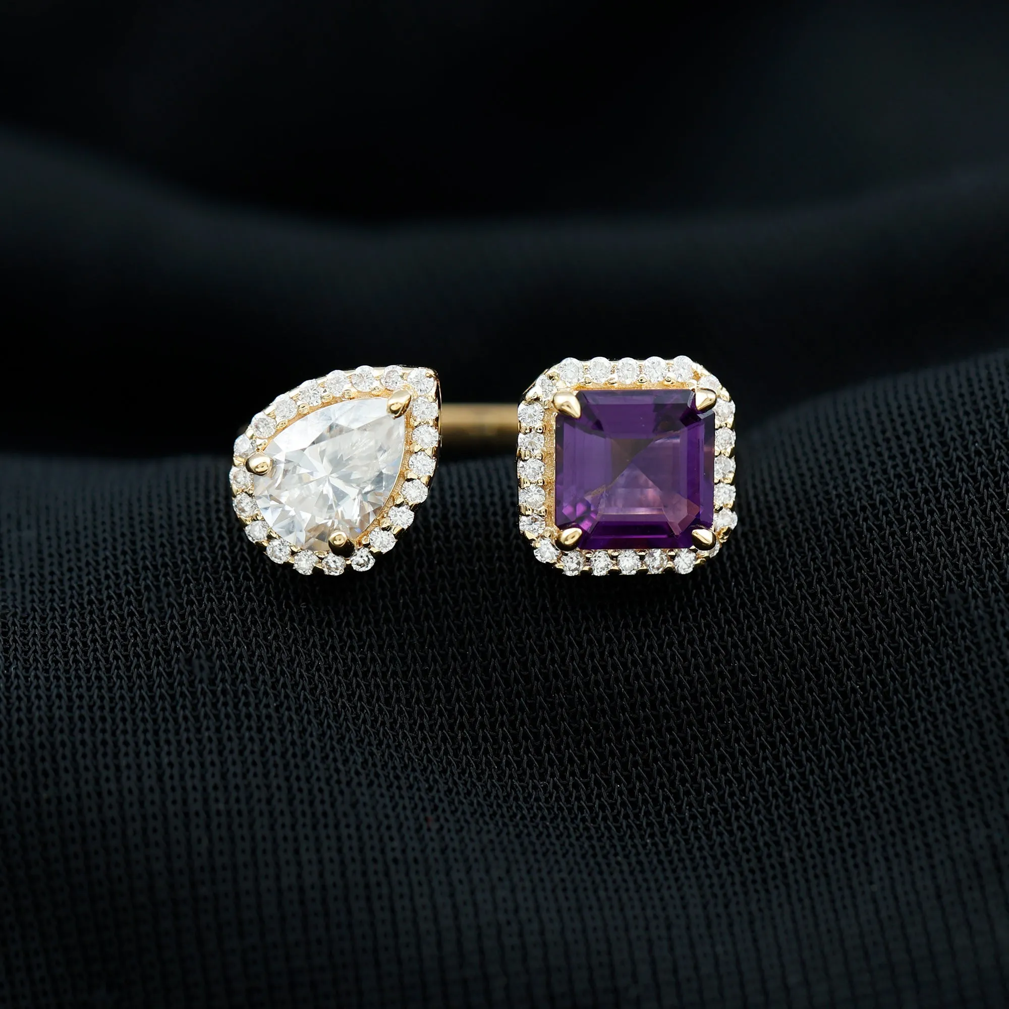 Amethyst and Moissanite Two Stone Cuff Ring