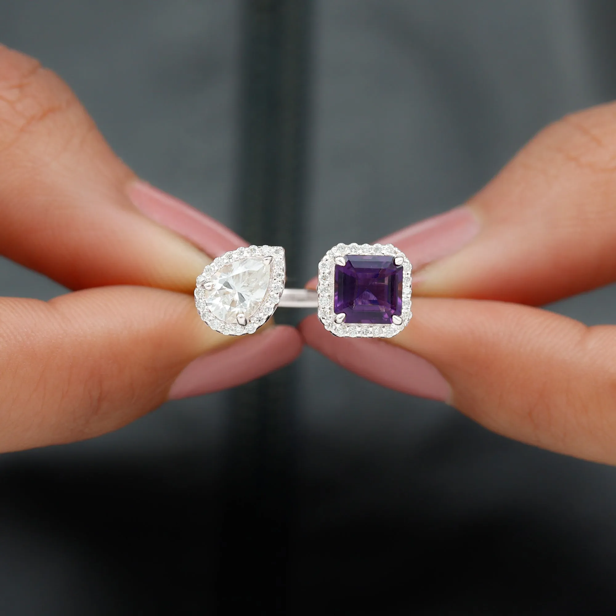 Amethyst and Moissanite Two Stone Cuff Ring