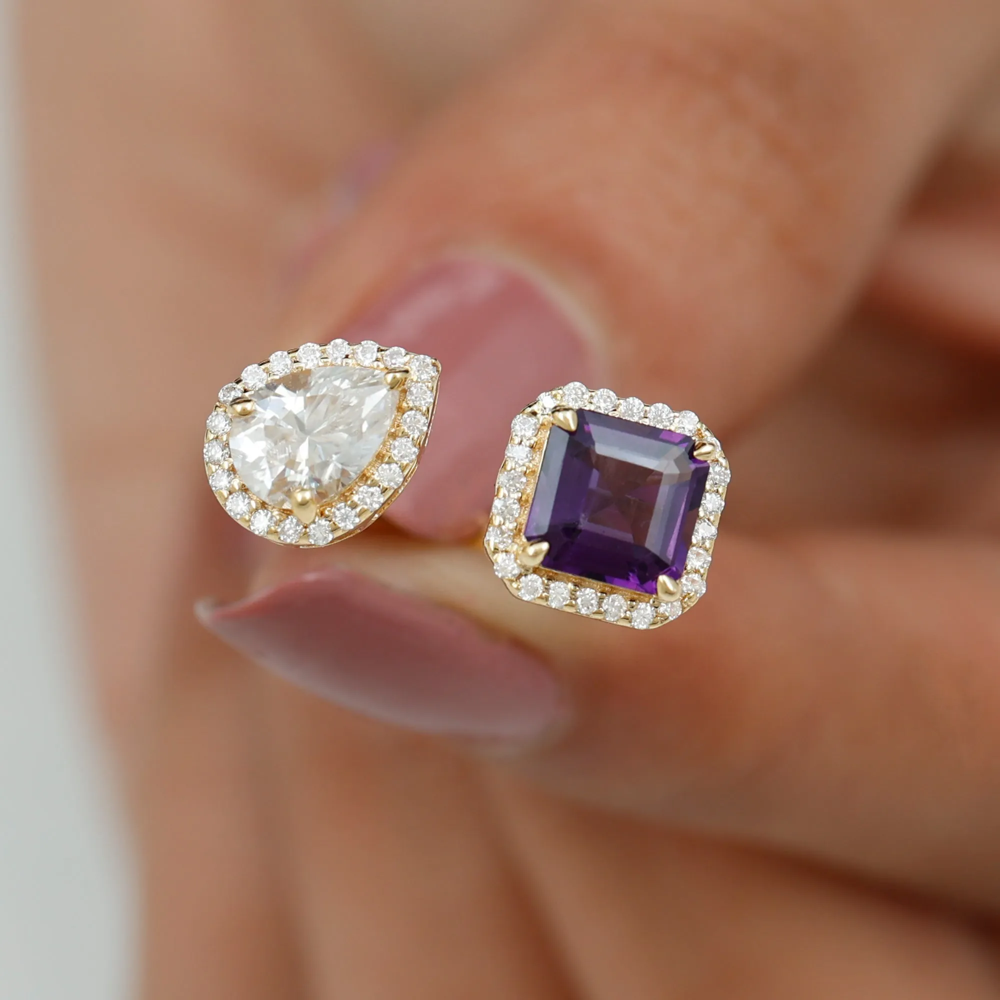 Amethyst and Moissanite Two Stone Cuff Ring