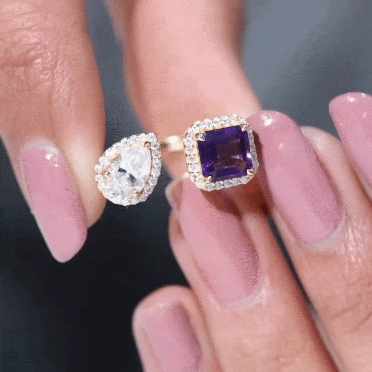 Amethyst and Moissanite Two Stone Cuff Ring