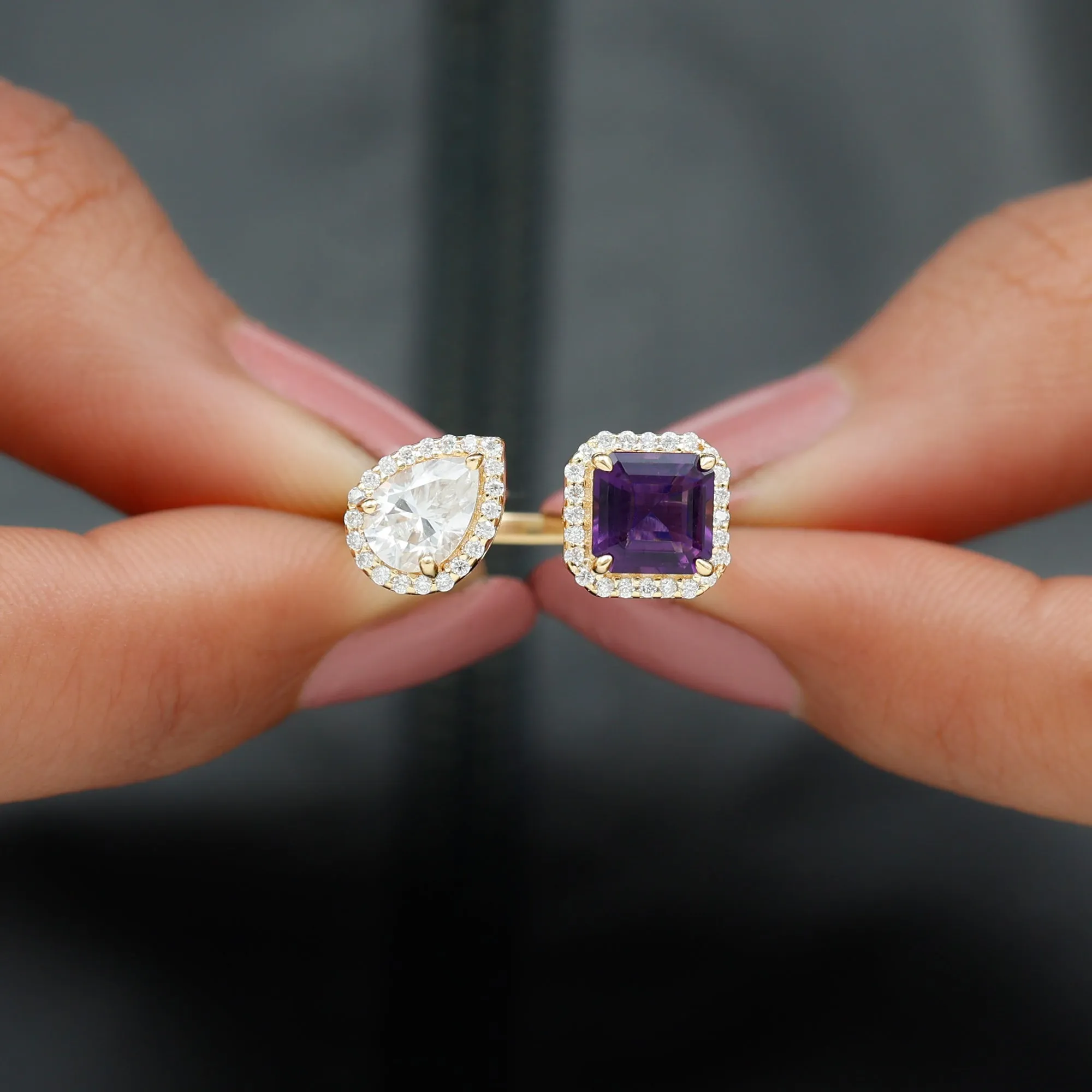 Amethyst and Moissanite Two Stone Cuff Ring