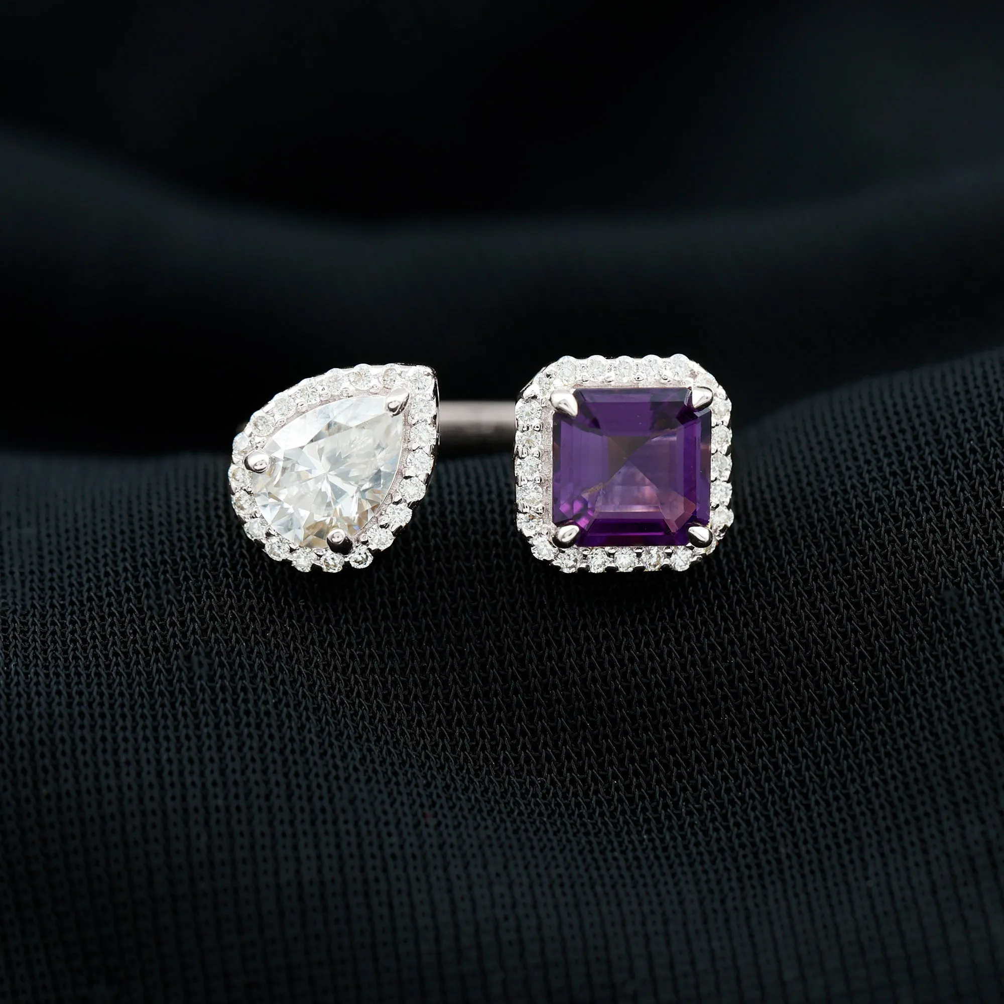 Amethyst and Moissanite Two Stone Cuff Ring