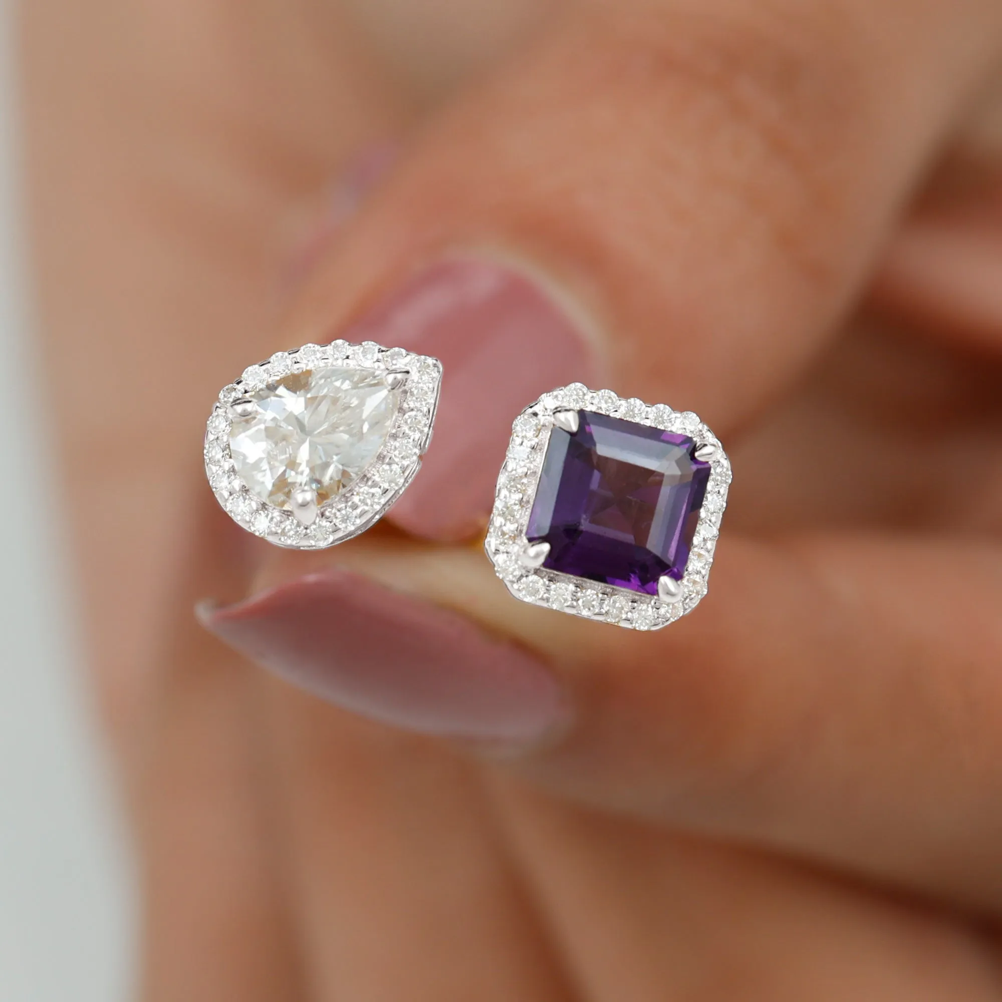 Amethyst and Moissanite Two Stone Cuff Ring