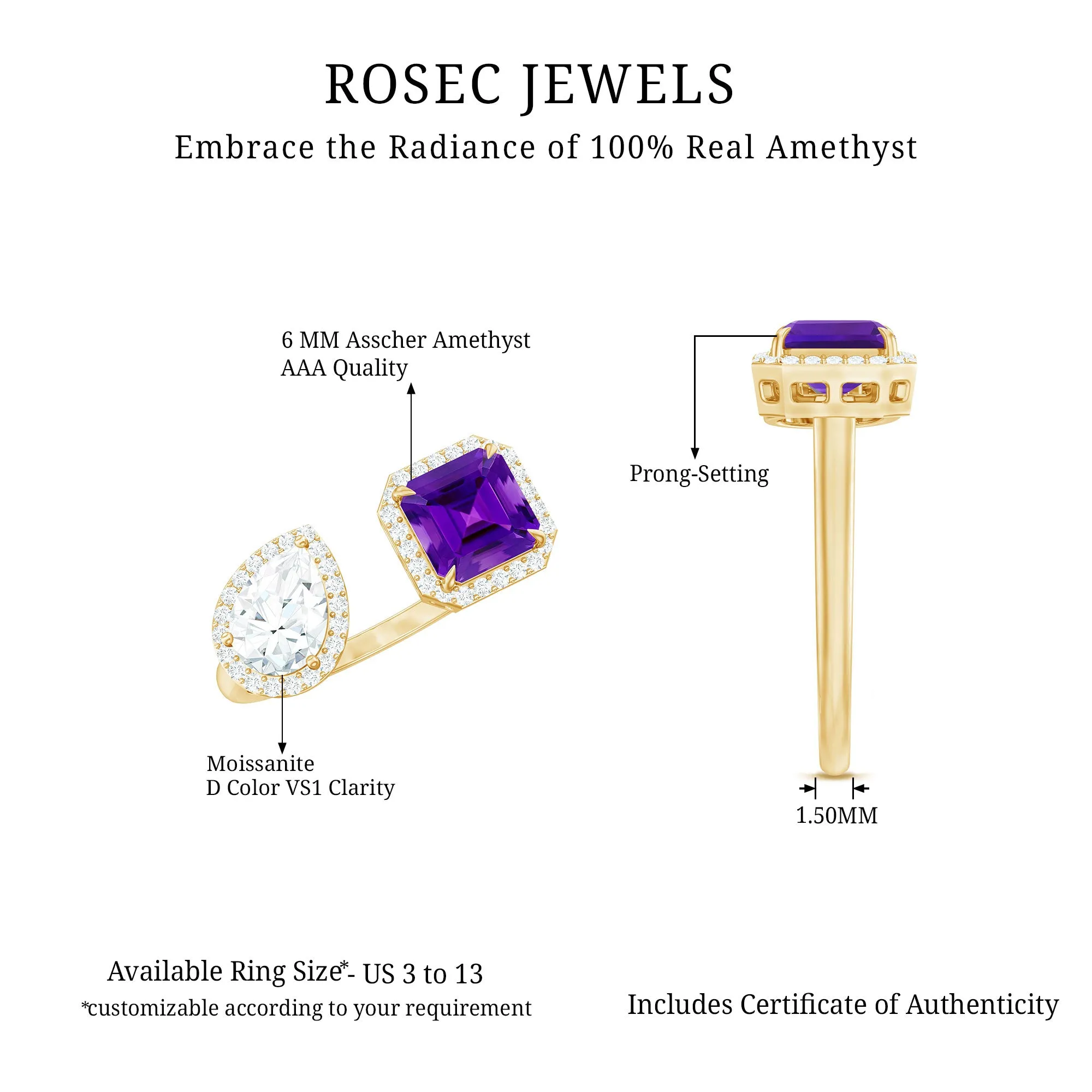 Amethyst and Moissanite Two Stone Cuff Ring