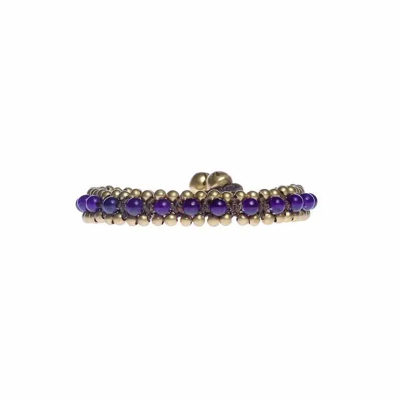 Amethyst Beads and Brass Bells Boho Bracelet