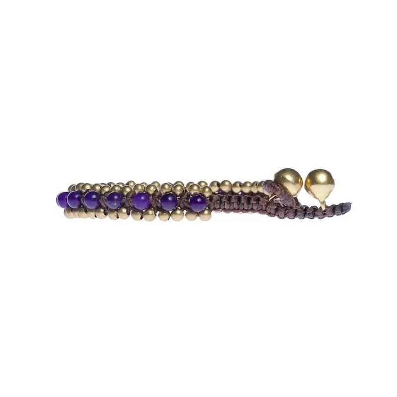 Amethyst Beads and Brass Bells Boho Bracelet