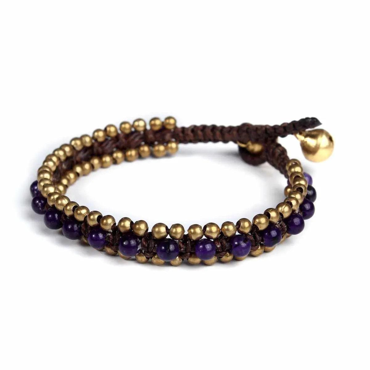 Amethyst Beads and Brass Bells Boho Bracelet