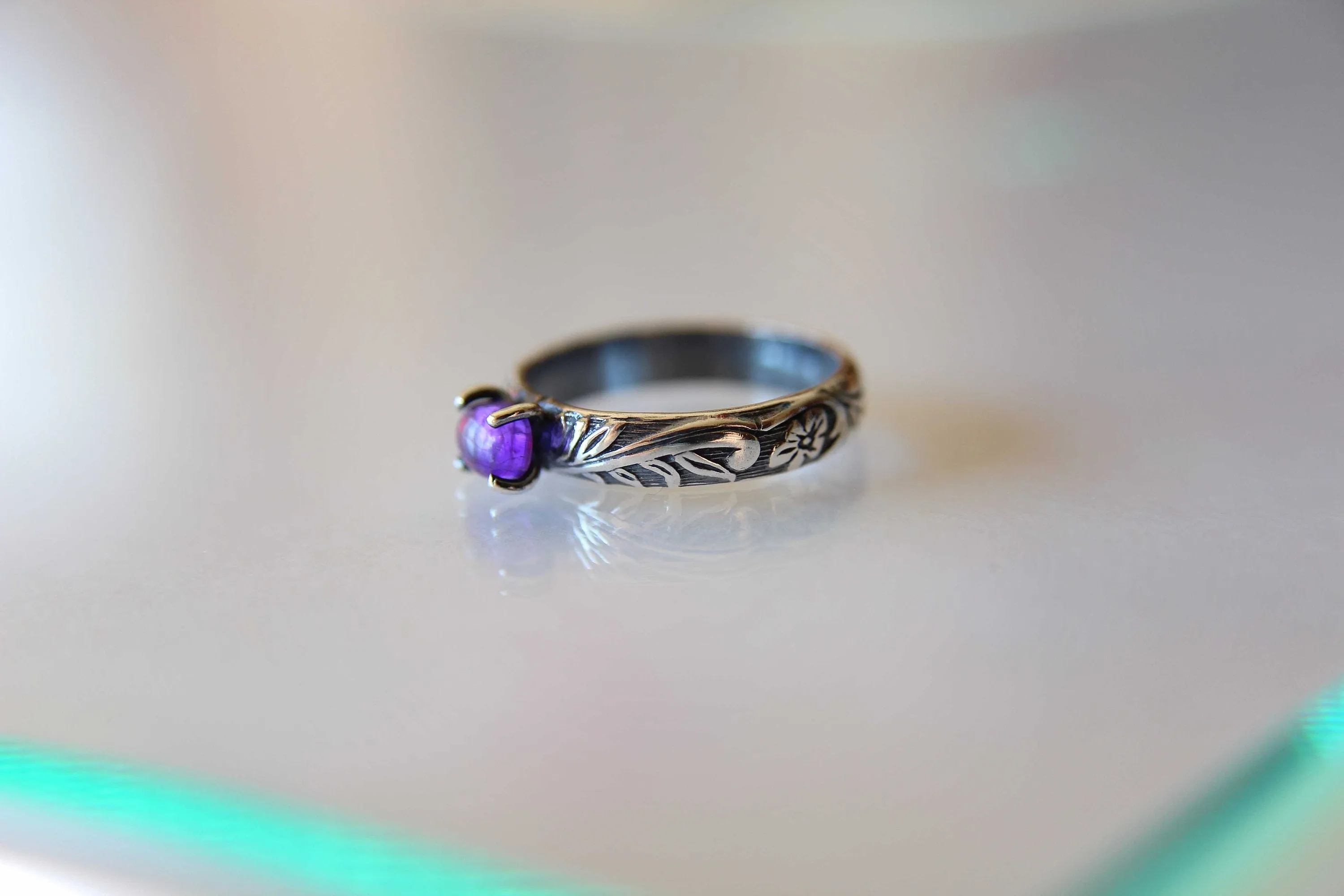 Amethyst Ring, Natural Amethyst Ring, Floral Amethyst Ring, Boho Ring, Stacking Ring, Floral Band, Purple Stone, Boho Ring, Natural, Gift