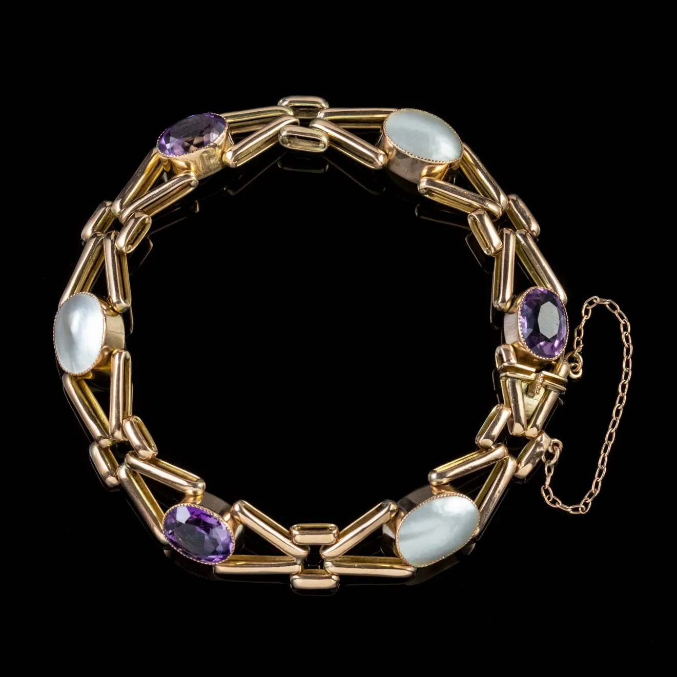 Antique Edwardian Bracelet Amethyst Blister Pearl Solid 9Ct Gold Circa 1910