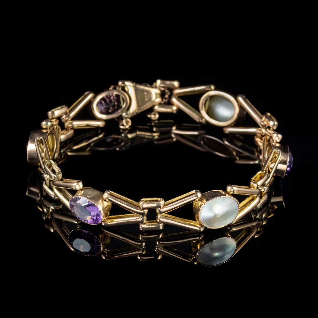 Antique Edwardian Bracelet Amethyst Blister Pearl Solid 9Ct Gold Circa 1910