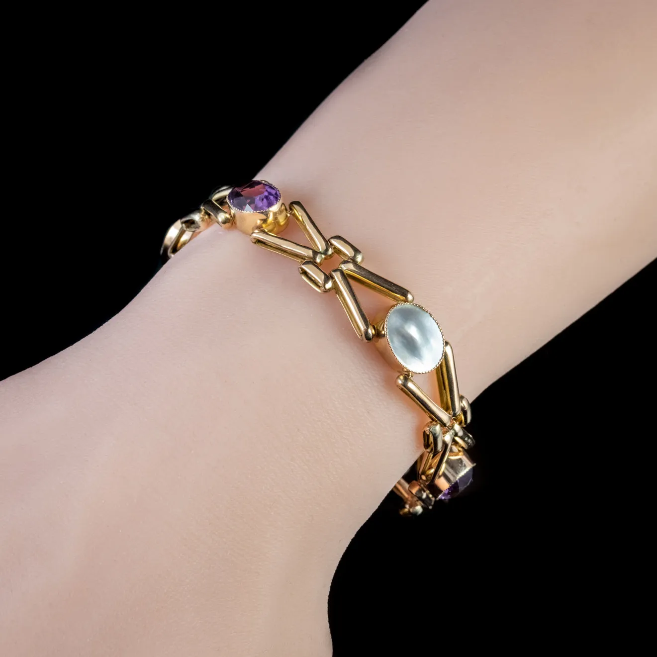 Antique Edwardian Bracelet Amethyst Blister Pearl Solid 9Ct Gold Circa 1910