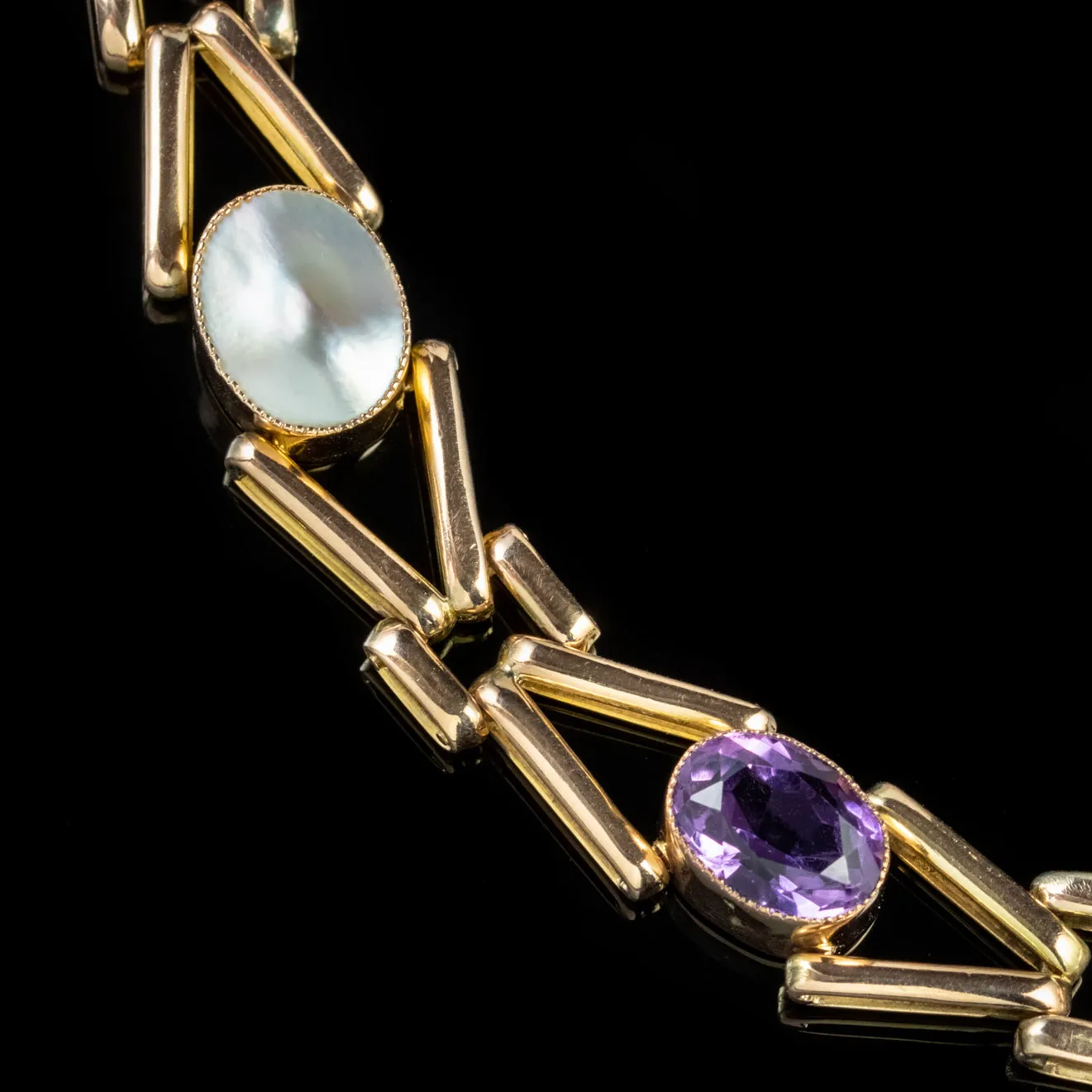 Antique Edwardian Bracelet Amethyst Blister Pearl Solid 9Ct Gold Circa 1910
