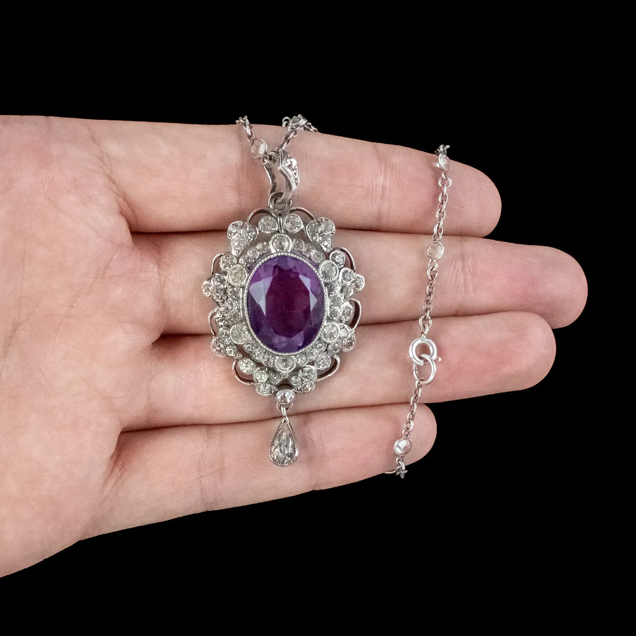 Antique Edwardian Purple Paste Pendant Necklace Silver