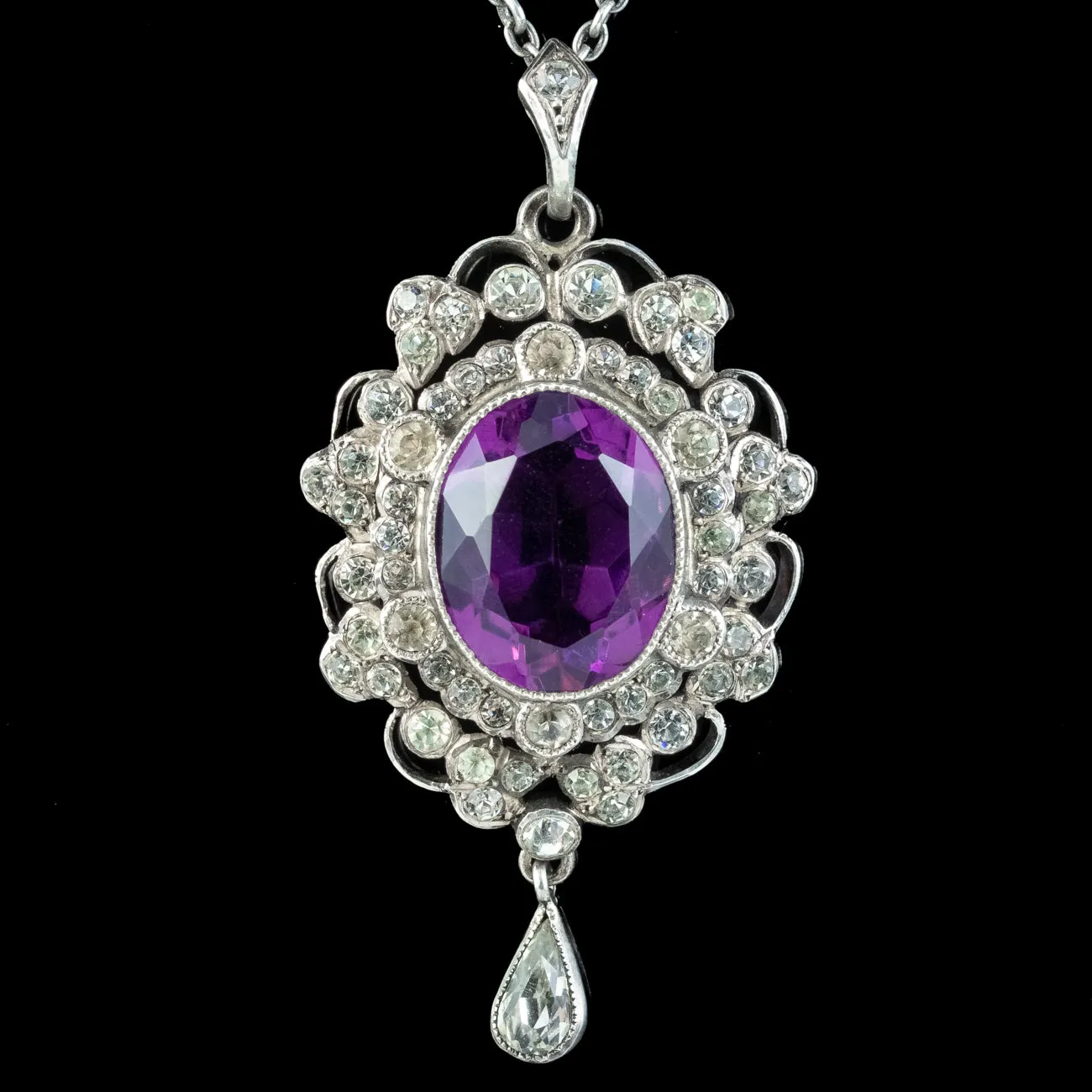 Antique Edwardian Purple Paste Pendant Necklace Silver