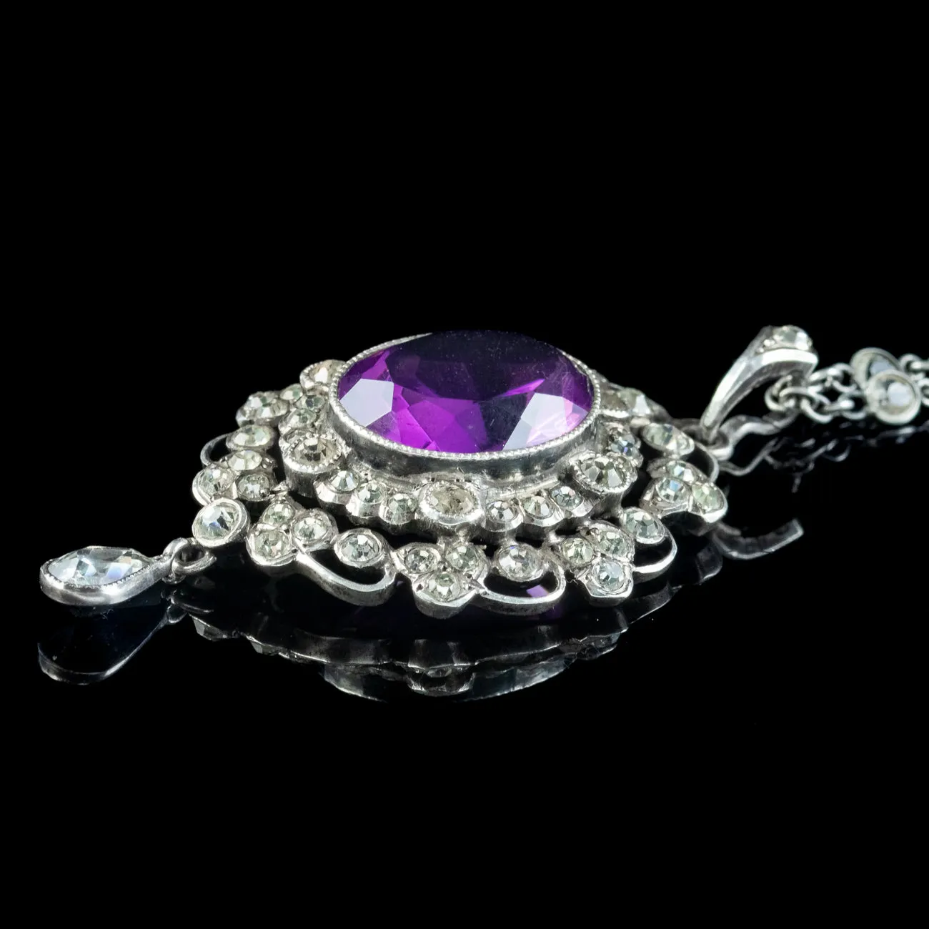 Antique Edwardian Purple Paste Pendant Necklace Silver