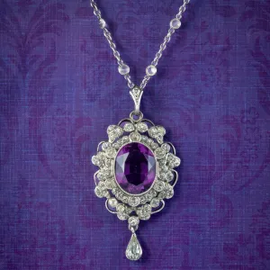 Antique Edwardian Purple Paste Pendant Necklace Silver