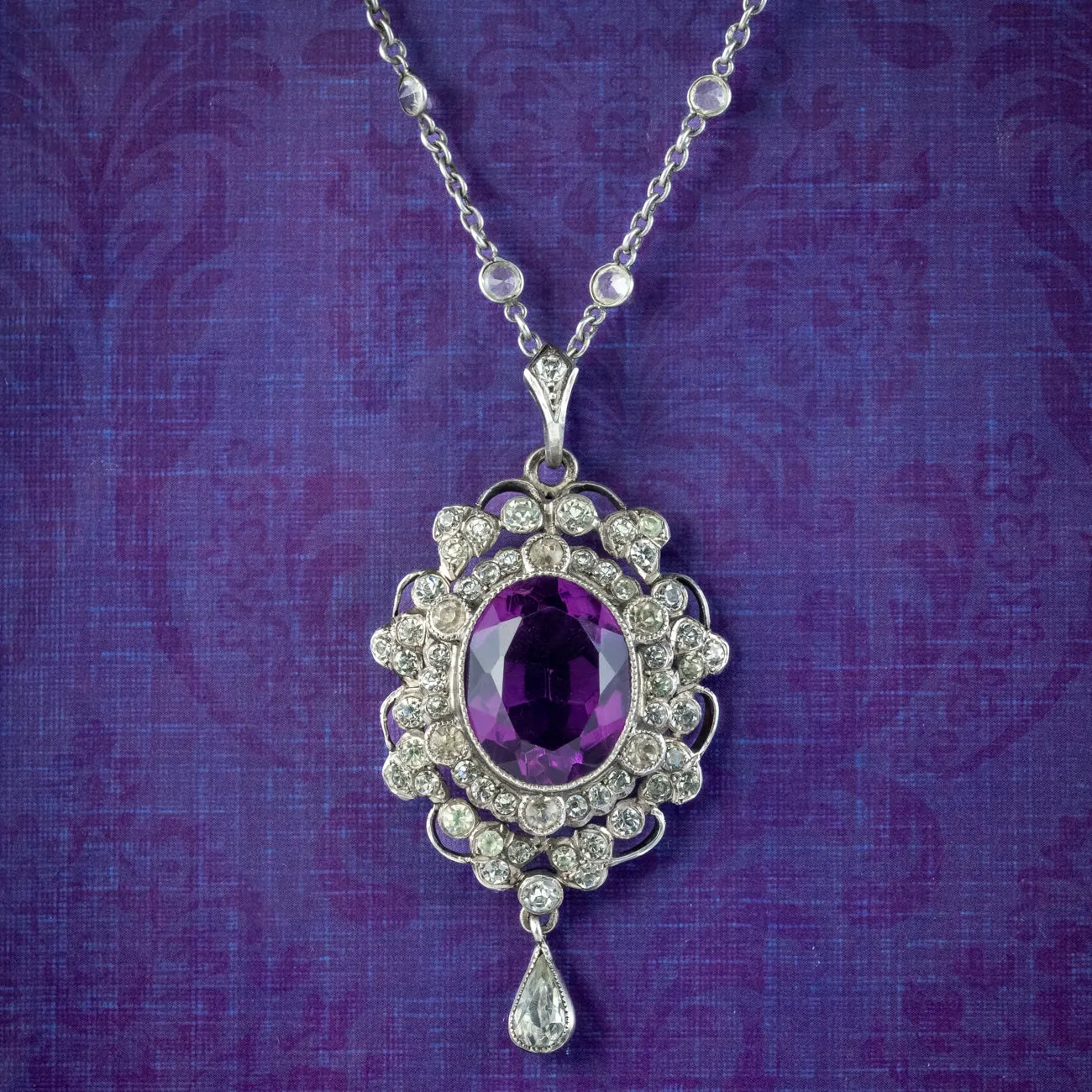 Antique Edwardian Purple Paste Pendant Necklace Silver