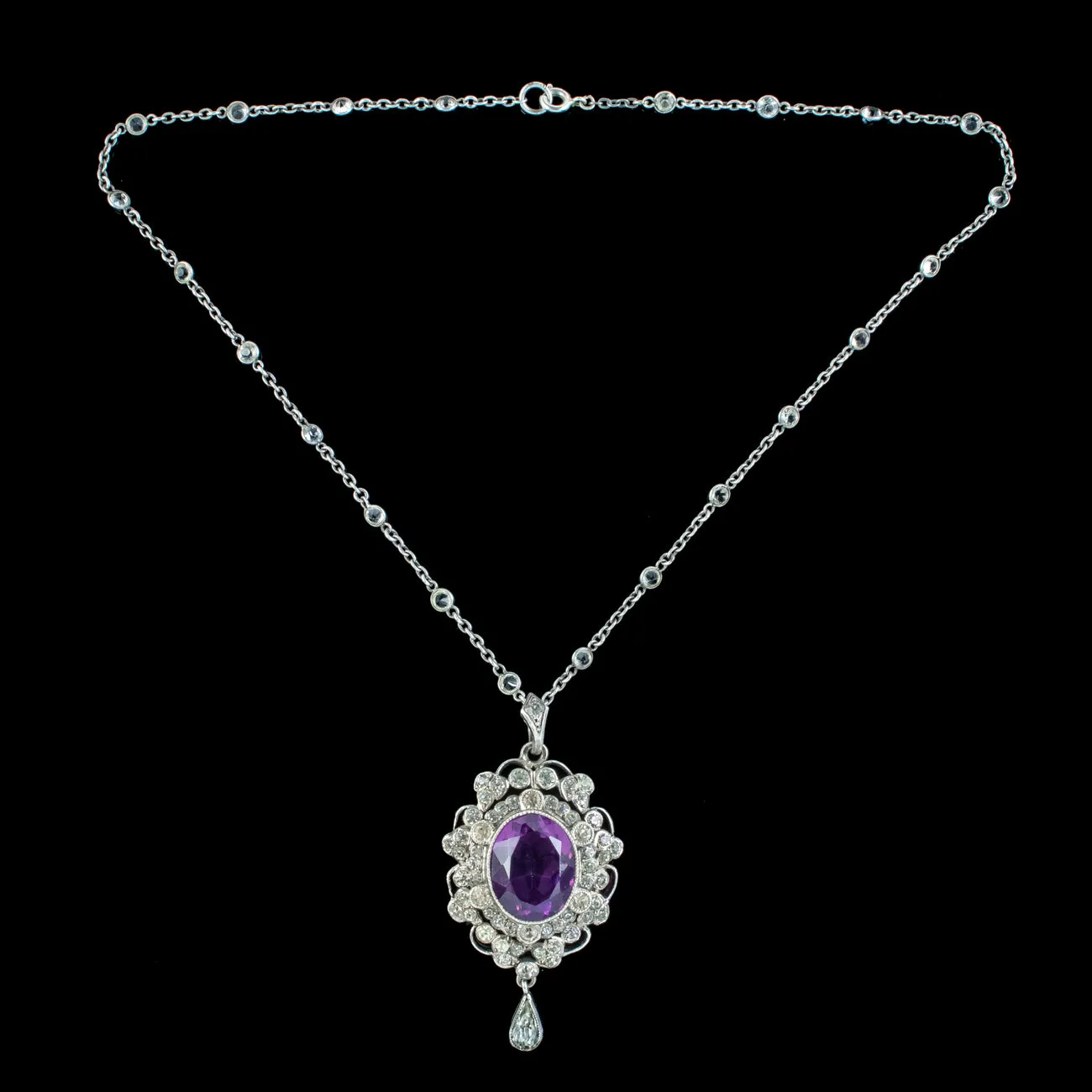 Antique Edwardian Purple Paste Pendant Necklace Silver