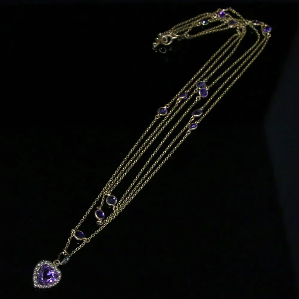 Antique Victorian Amethyst Gold Necklace - Boxed Triple Necklace Leading To Heart