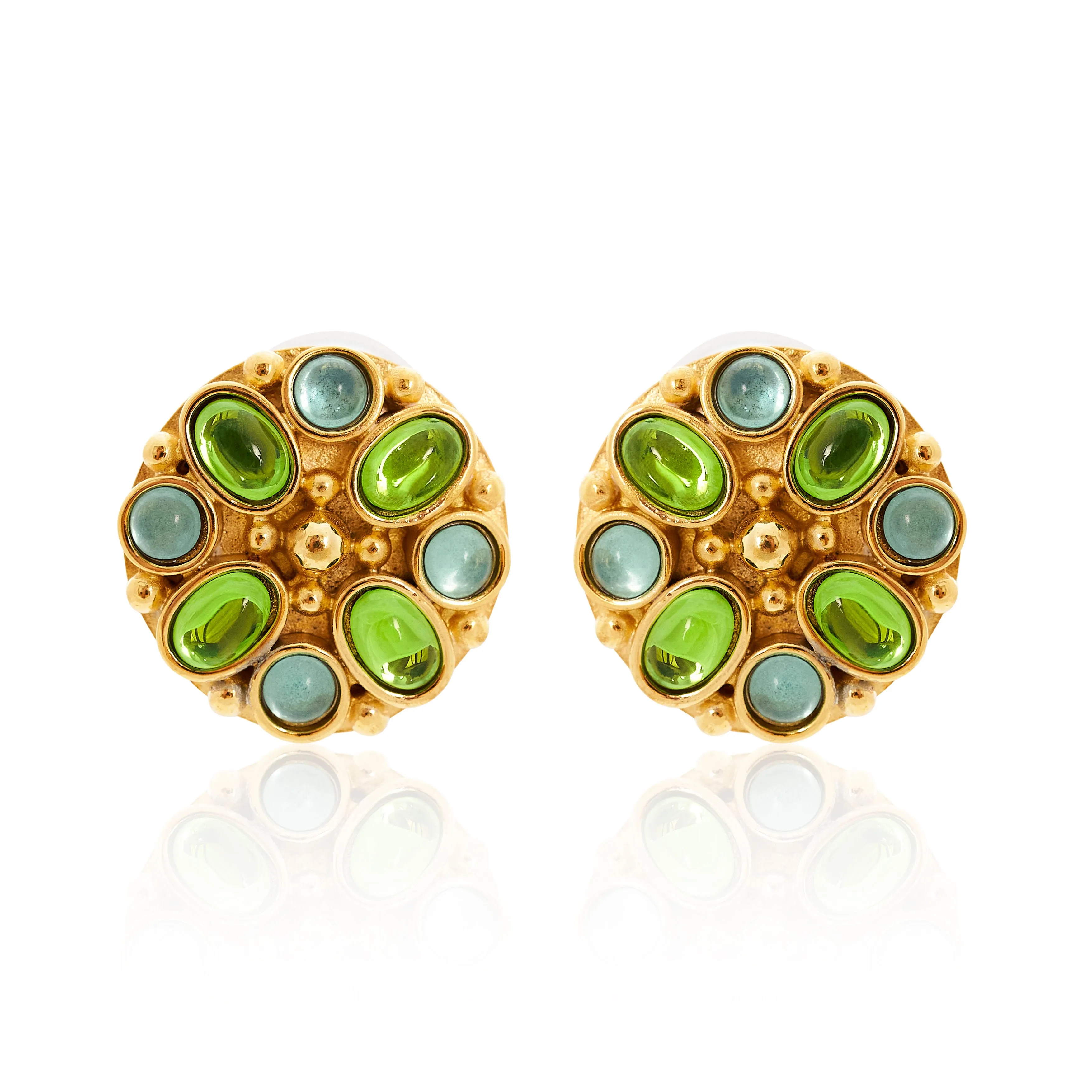 Aqua & Peridot Gold Button Clip Earrings