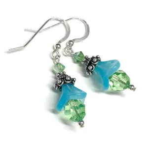 Aqua Glass Opal and Peridot Crystal Earrings - Sterling Silver