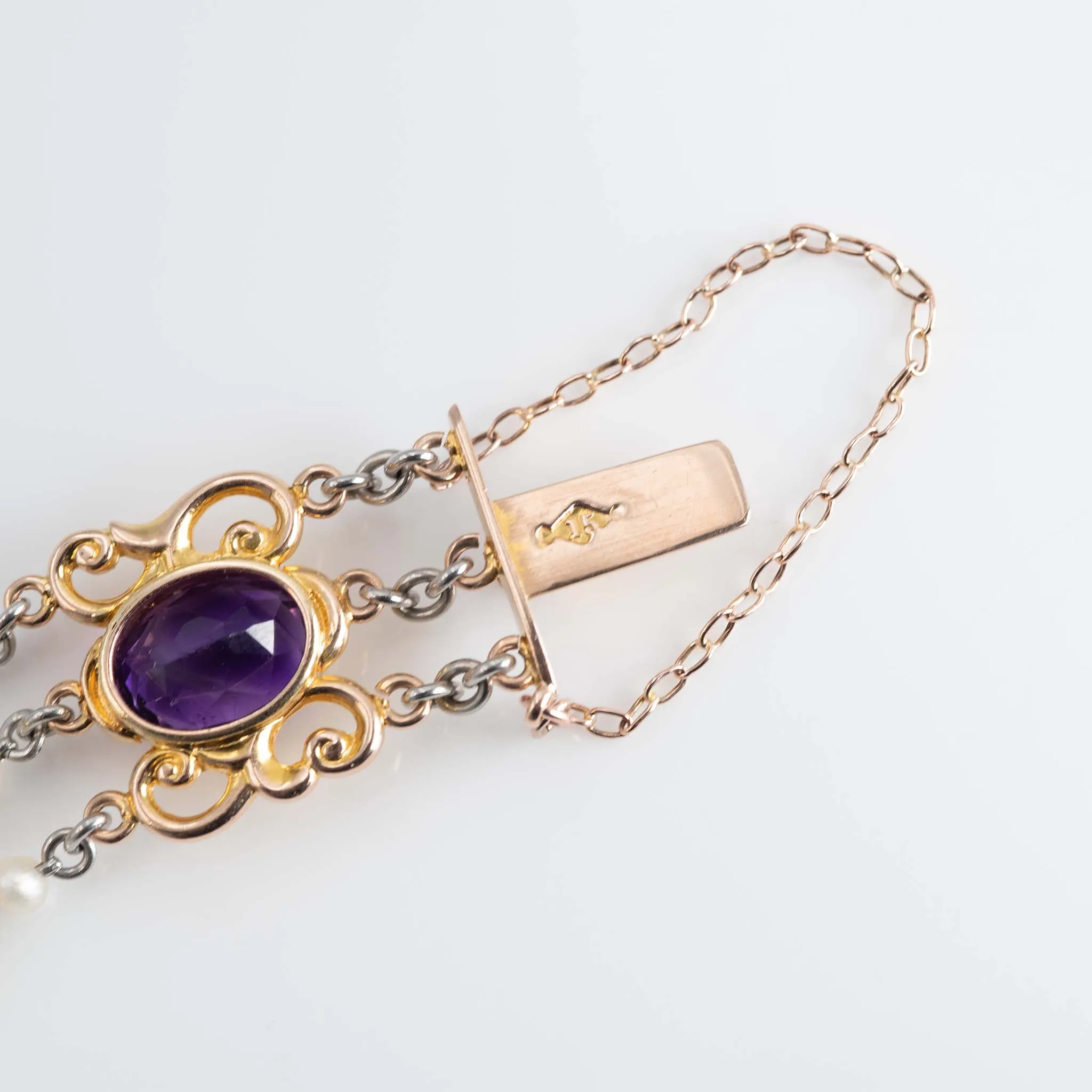 Art Deco 15ct Rose Gold and Platinum Amethyst and Seed Pearl Bracelet