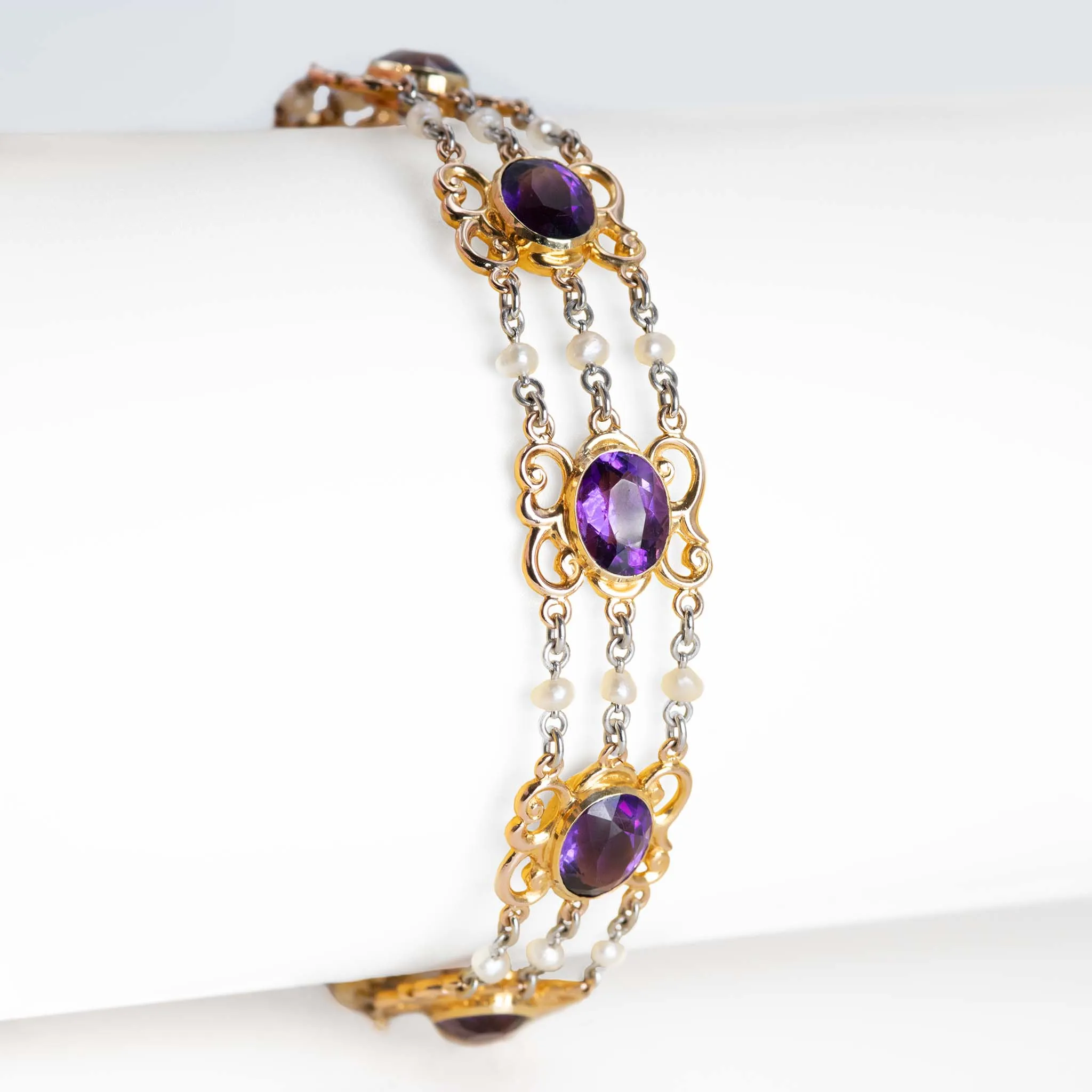 Art Deco 15ct Rose Gold and Platinum Amethyst and Seed Pearl Bracelet