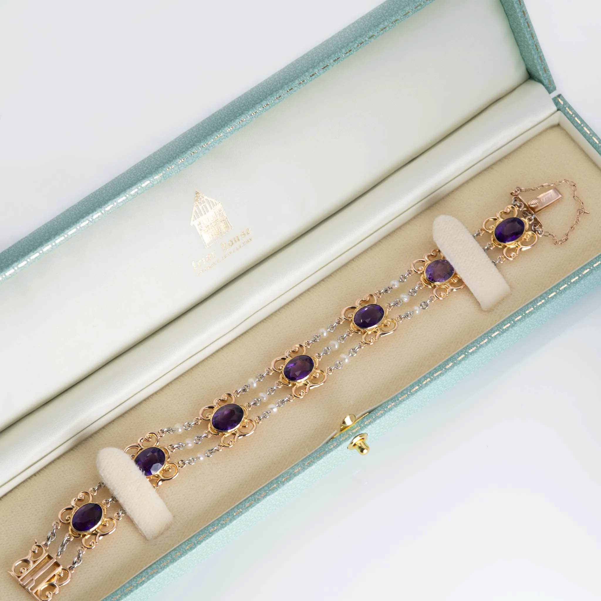 Art Deco 15ct Rose Gold and Platinum Amethyst and Seed Pearl Bracelet