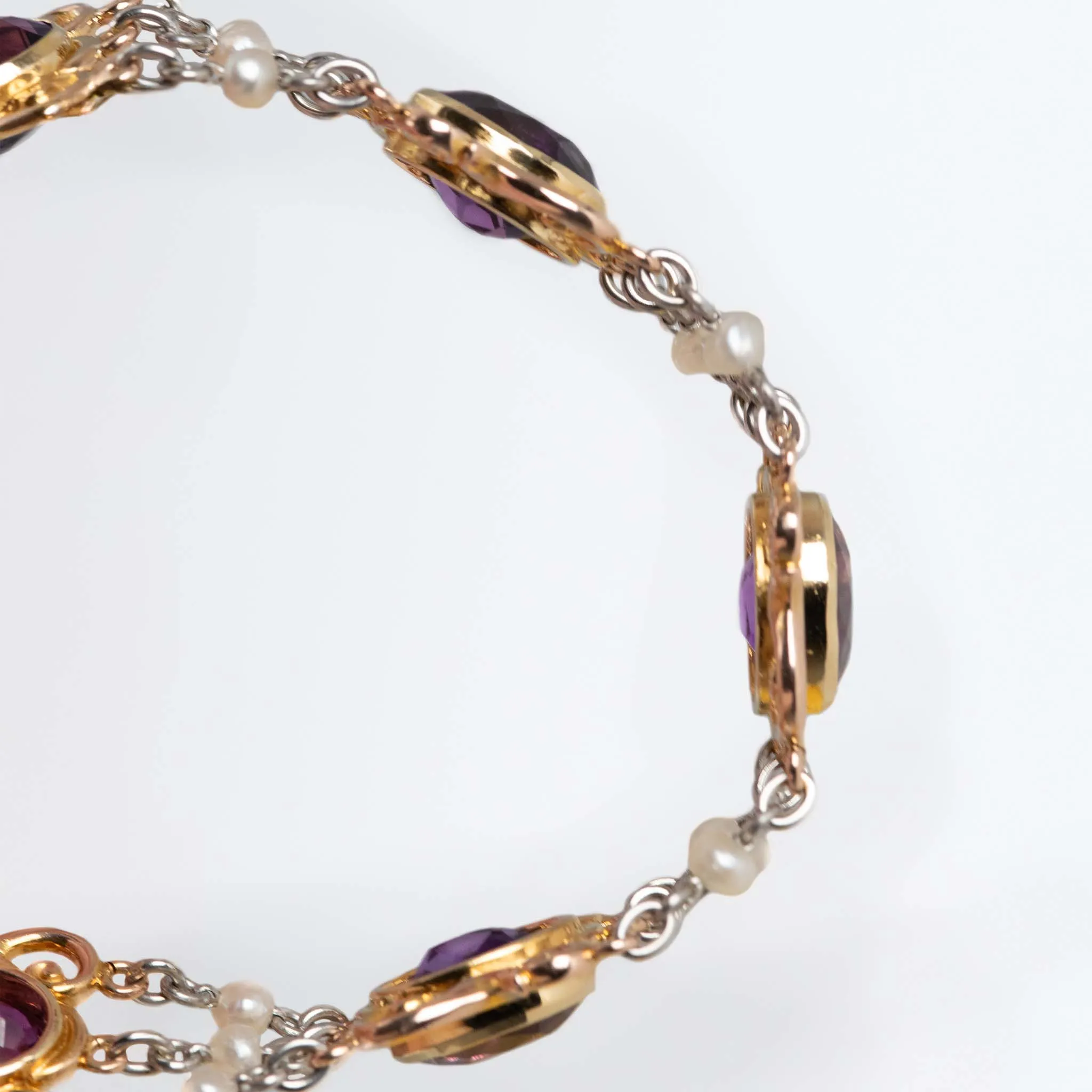 Art Deco 15ct Rose Gold and Platinum Amethyst and Seed Pearl Bracelet