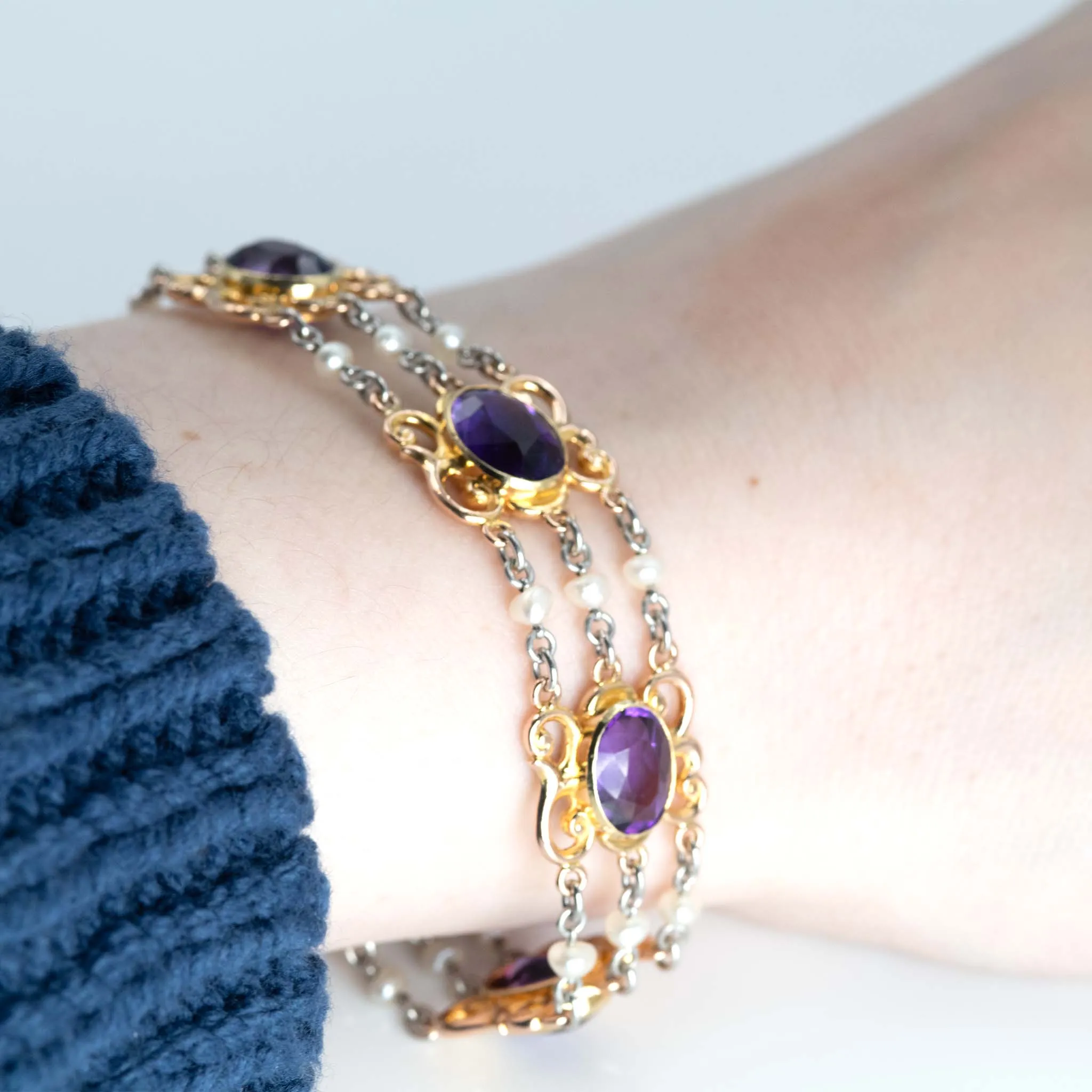 Art Deco 15ct Rose Gold and Platinum Amethyst and Seed Pearl Bracelet