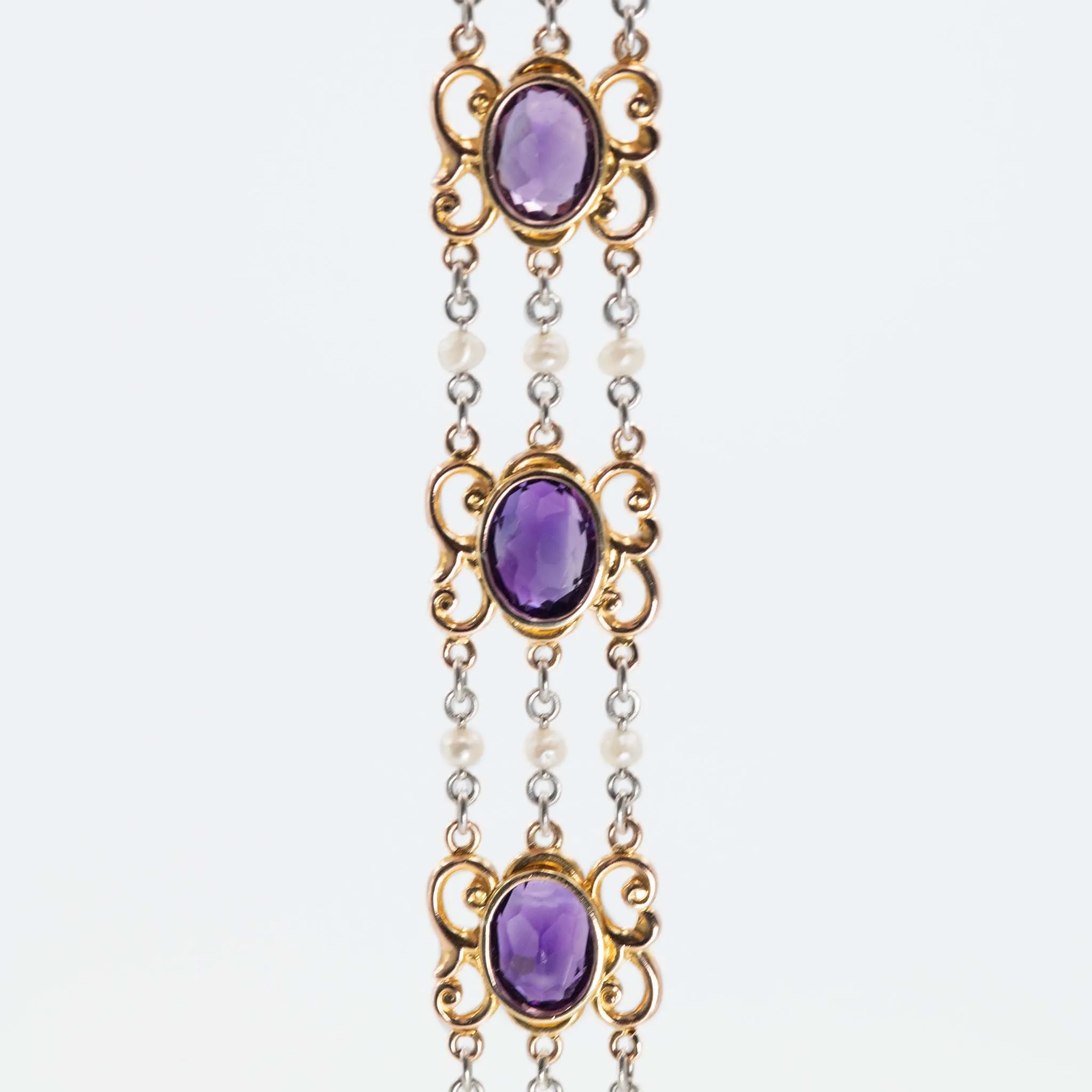 Art Deco 15ct Rose Gold and Platinum Amethyst and Seed Pearl Bracelet