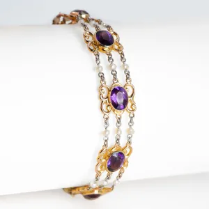 Art Deco 15ct Rose Gold and Platinum Amethyst and Seed Pearl Bracelet