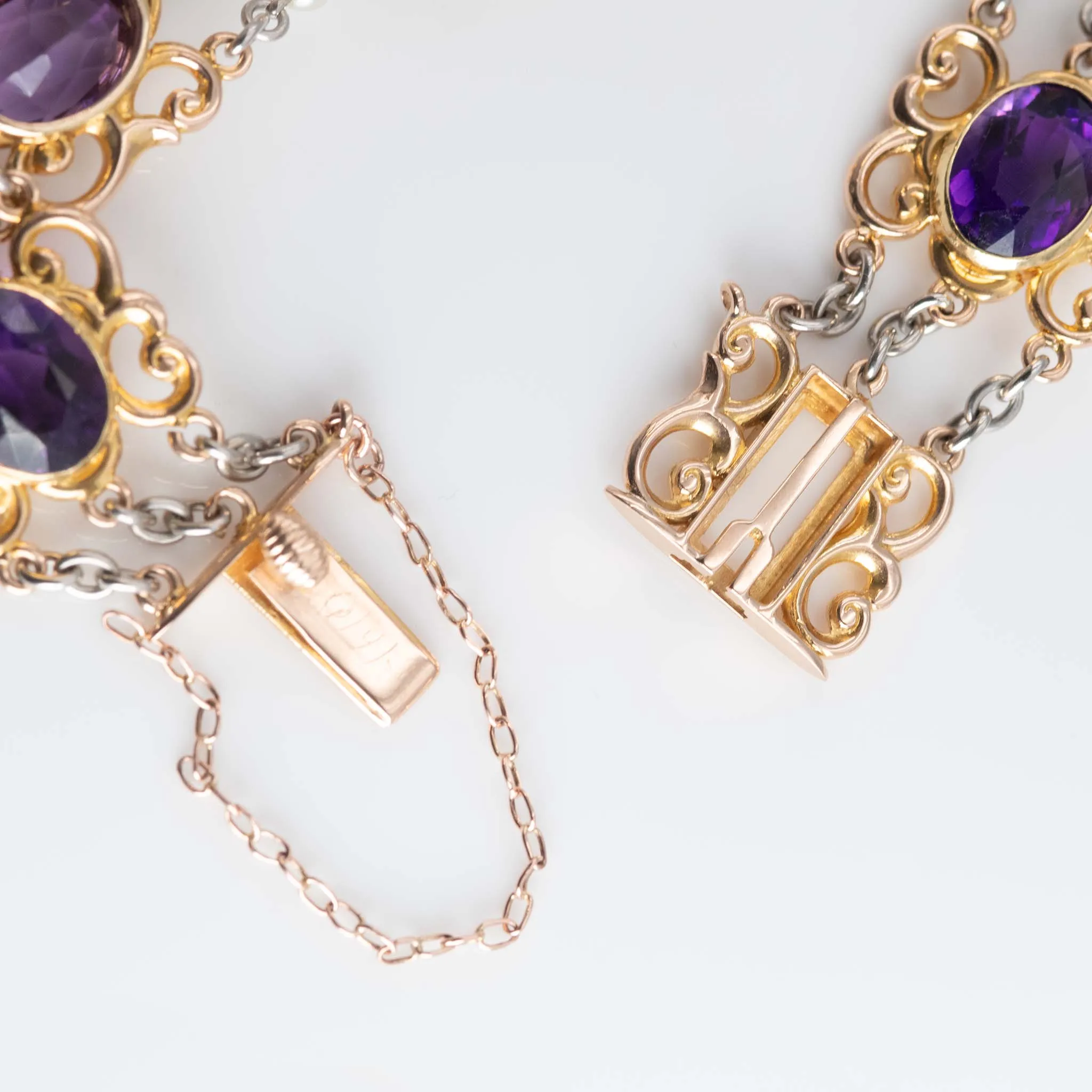 Art Deco 15ct Rose Gold and Platinum Amethyst and Seed Pearl Bracelet