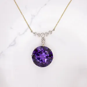 ART NOUVEAU AMETHYST DIAMOND NECKLACE ANTIQUE 18k YELLOW GOLD FLORAL PENDANT
