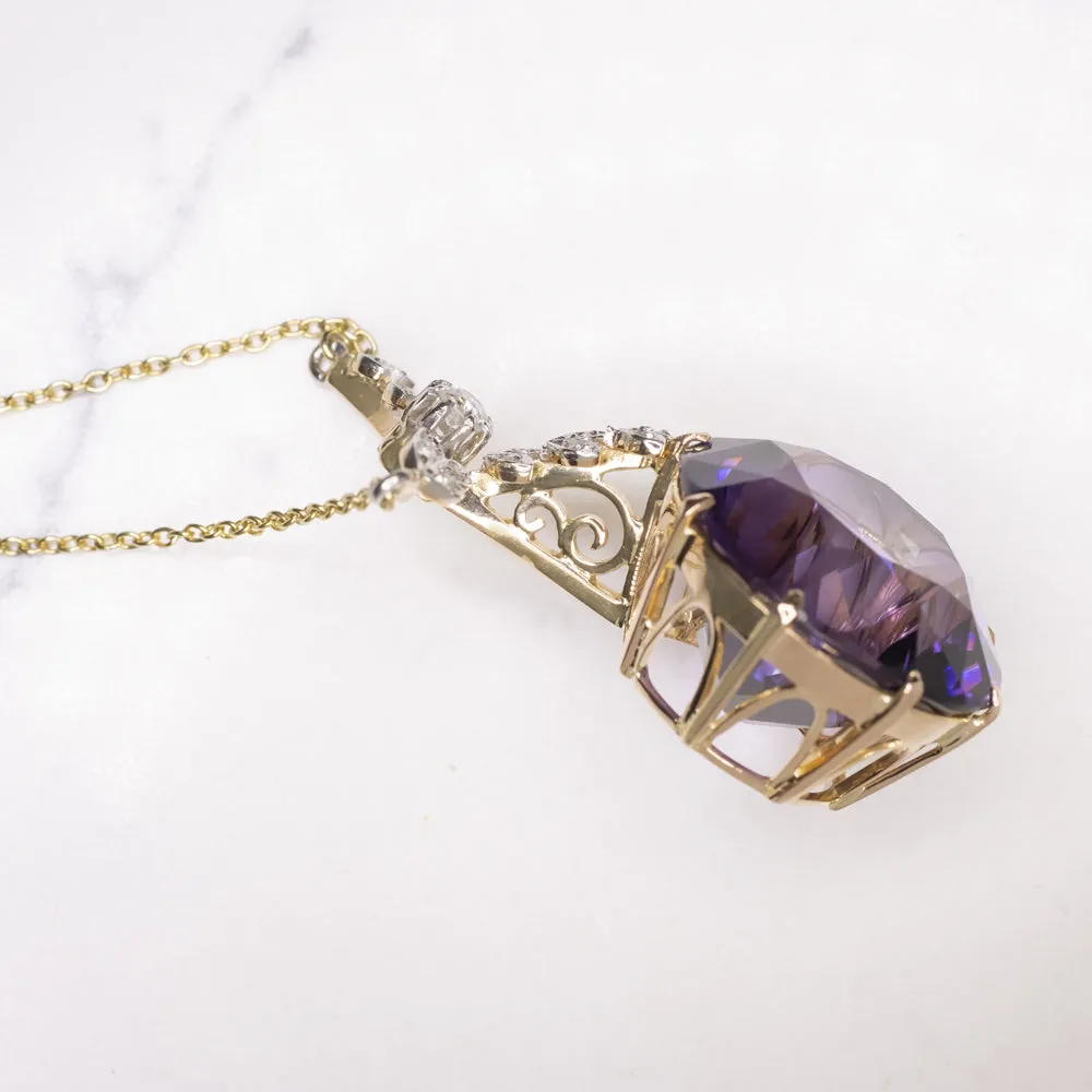 ART NOUVEAU AMETHYST DIAMOND NECKLACE ANTIQUE 18k YELLOW GOLD FLORAL PENDANT