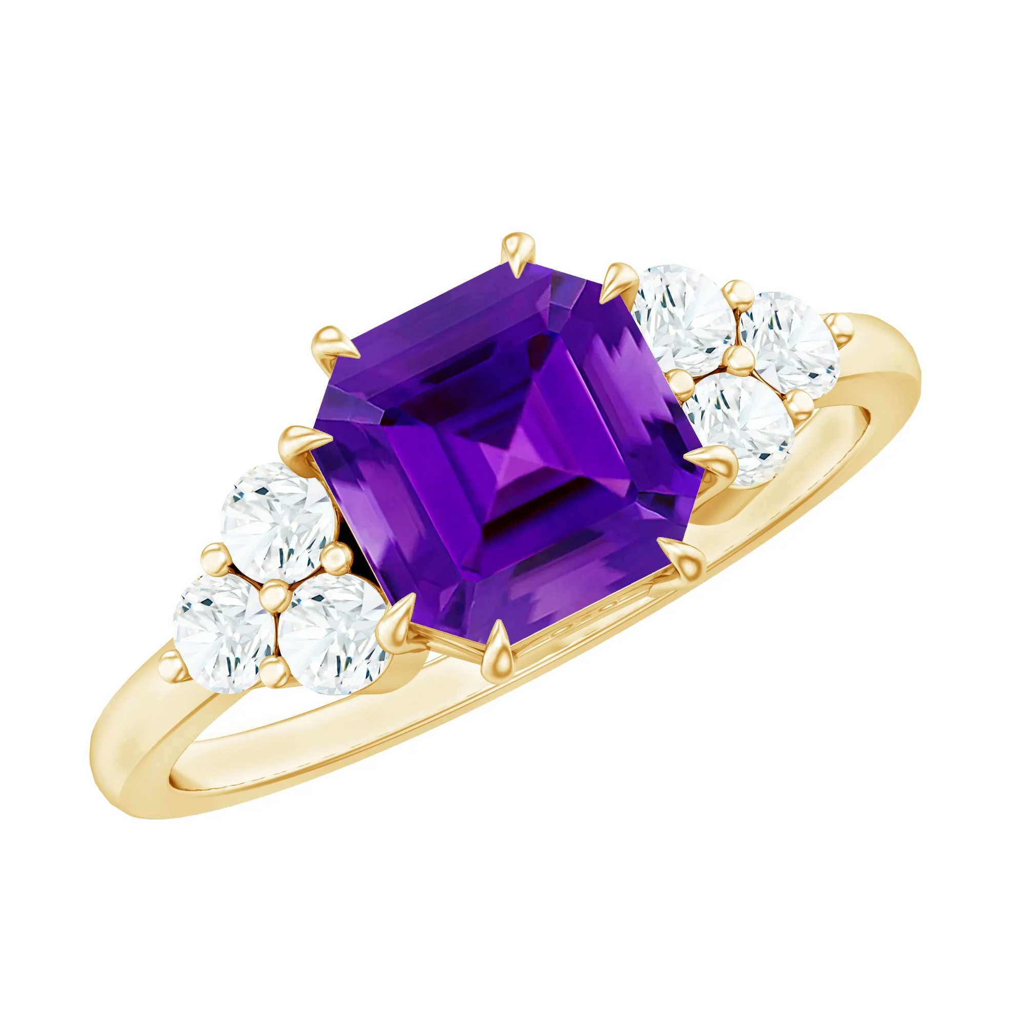 Asscher Solitaire Amethyst Engagement Ring with Diamond Trio