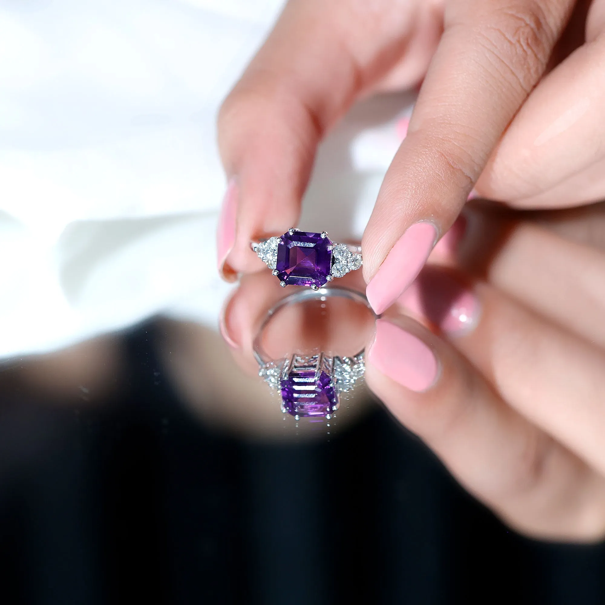Asscher Solitaire Amethyst Engagement Ring with Diamond Trio