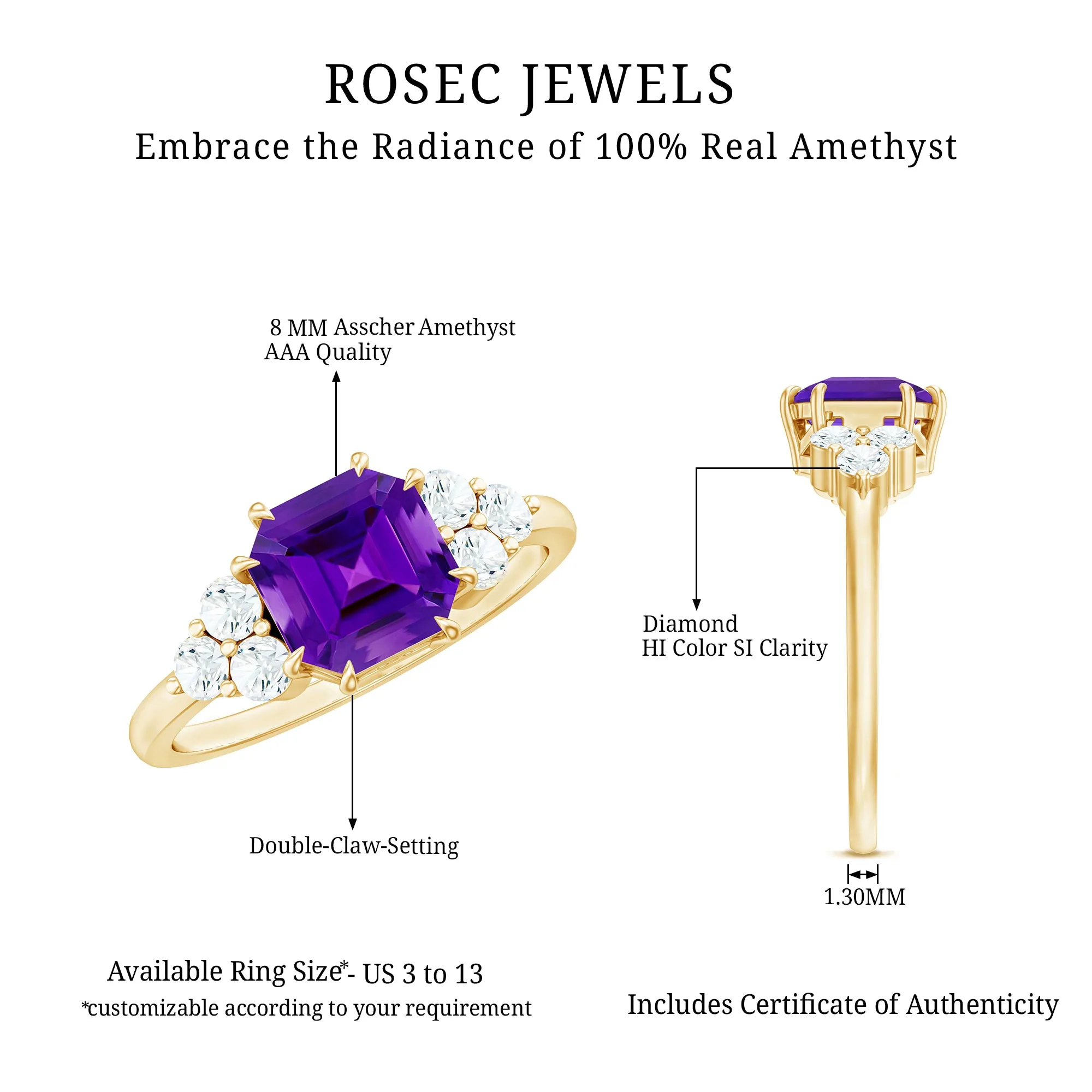 Asscher Solitaire Amethyst Engagement Ring with Diamond Trio