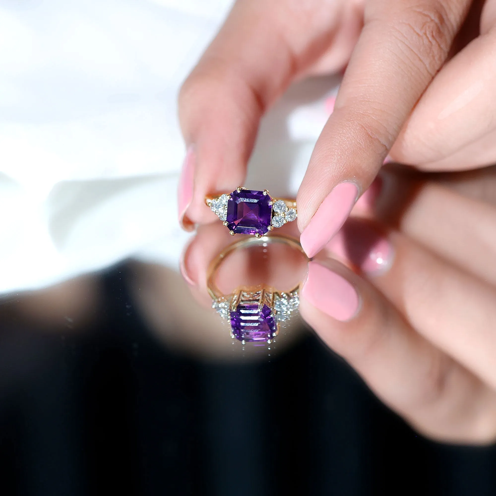 Asscher Solitaire Amethyst Engagement Ring with Diamond Trio