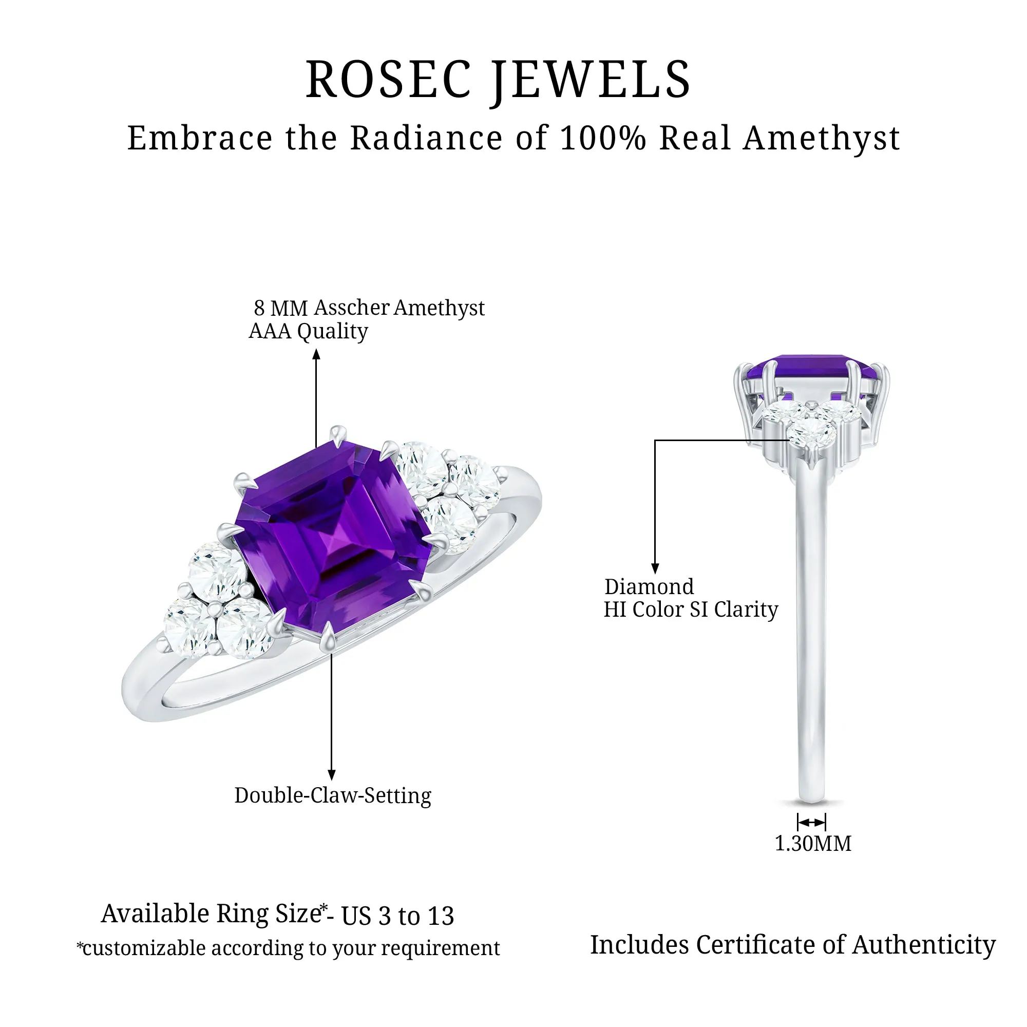 Asscher Solitaire Amethyst Engagement Ring with Diamond Trio