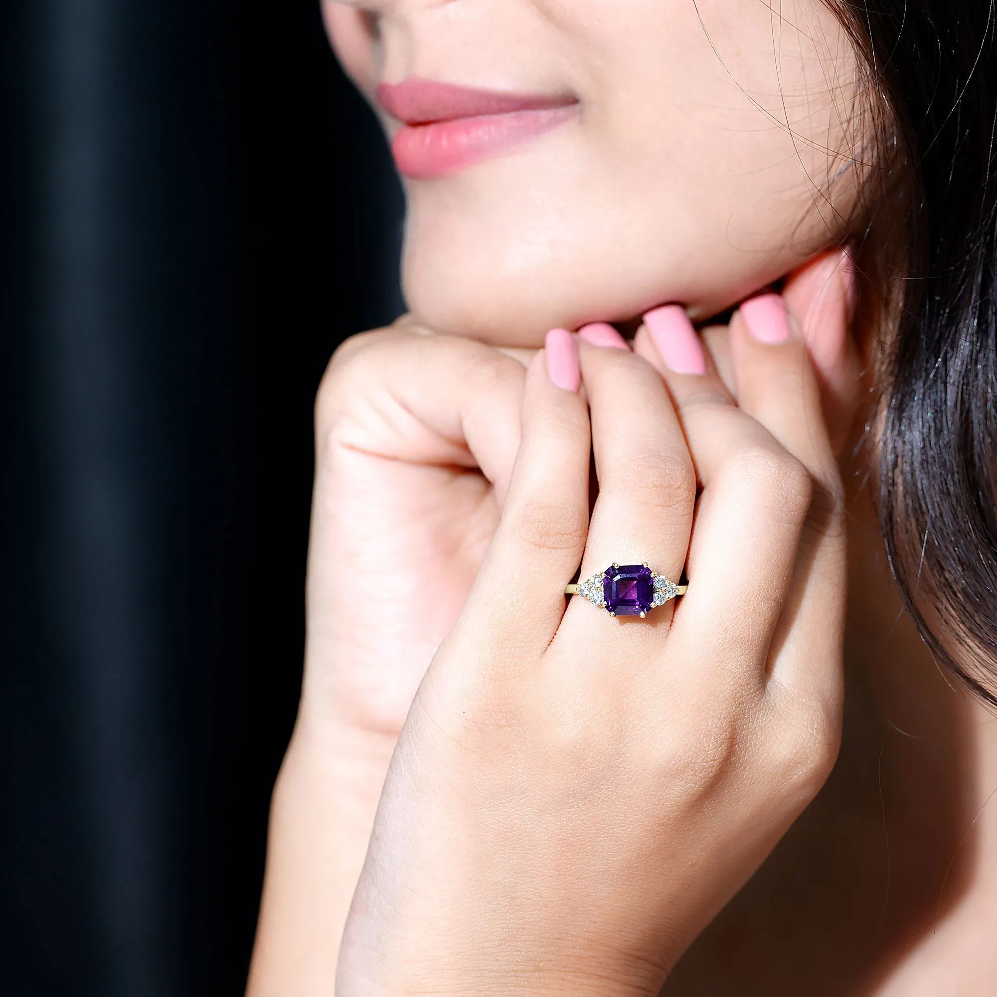 Asscher Solitaire Amethyst Engagement Ring with Diamond Trio