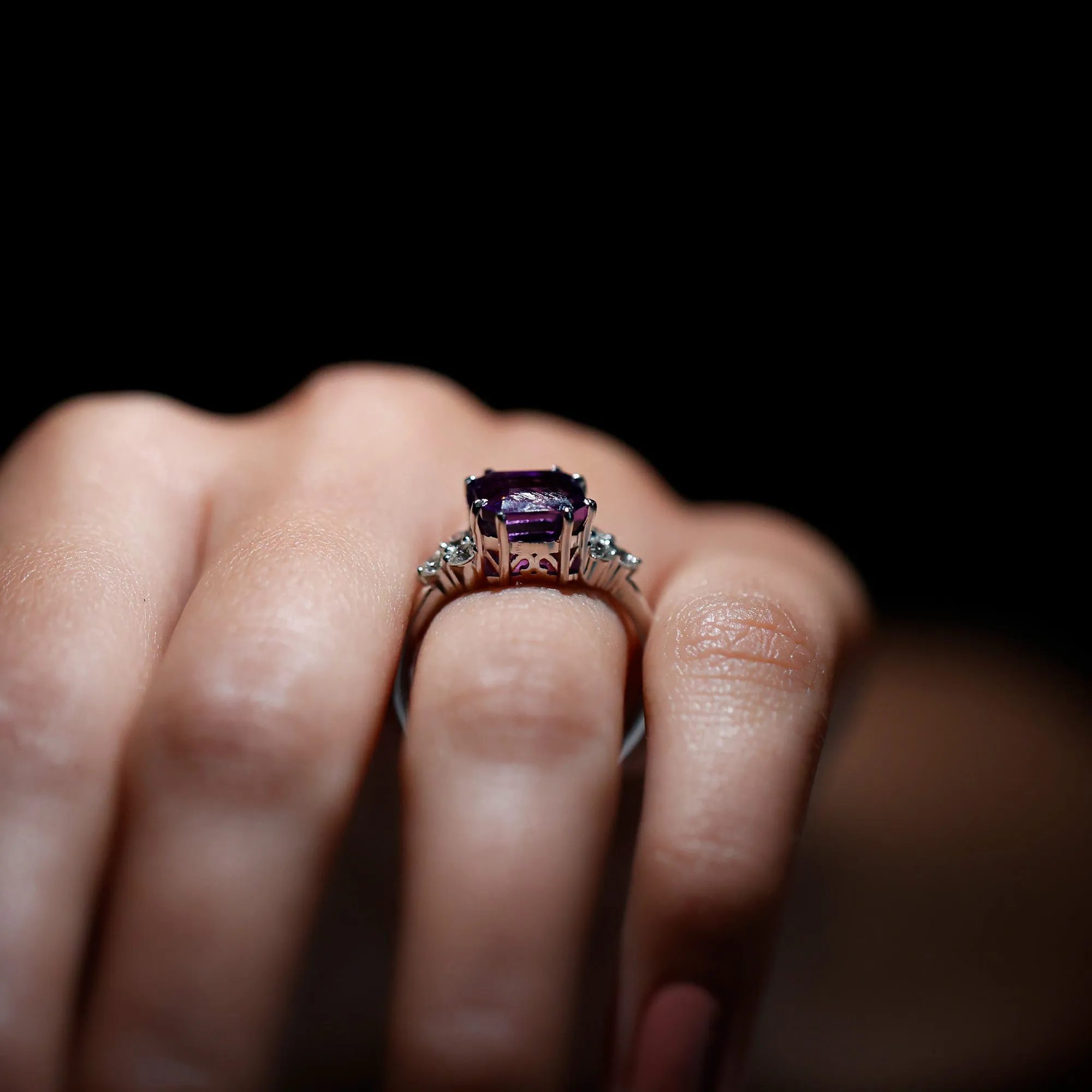 Asscher Solitaire Amethyst Engagement Ring with Diamond Trio