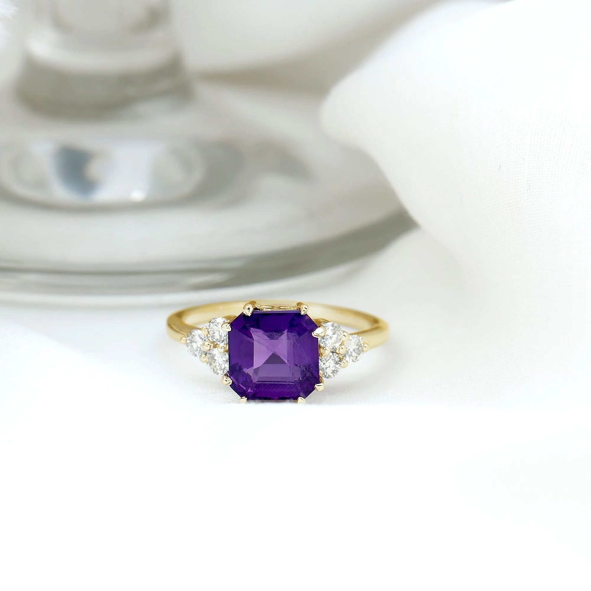 Asscher Solitaire Amethyst Engagement Ring with Diamond Trio