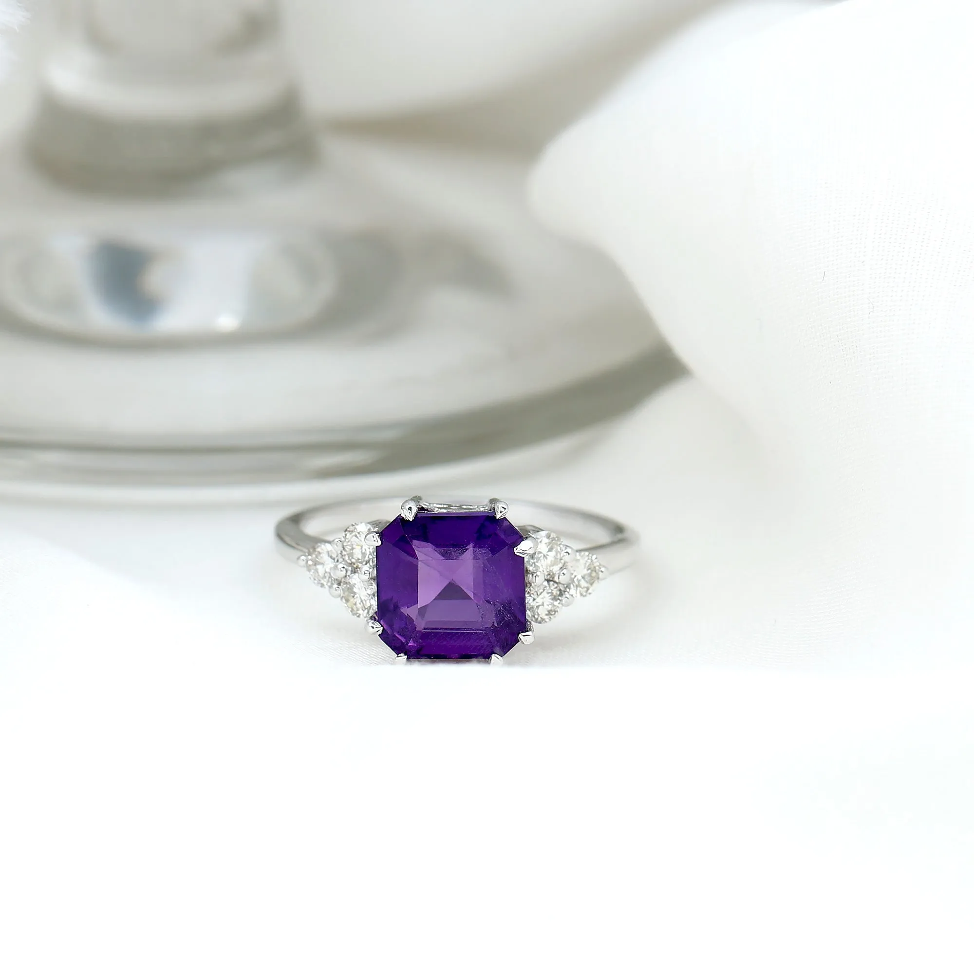 Asscher Solitaire Amethyst Engagement Ring with Diamond Trio