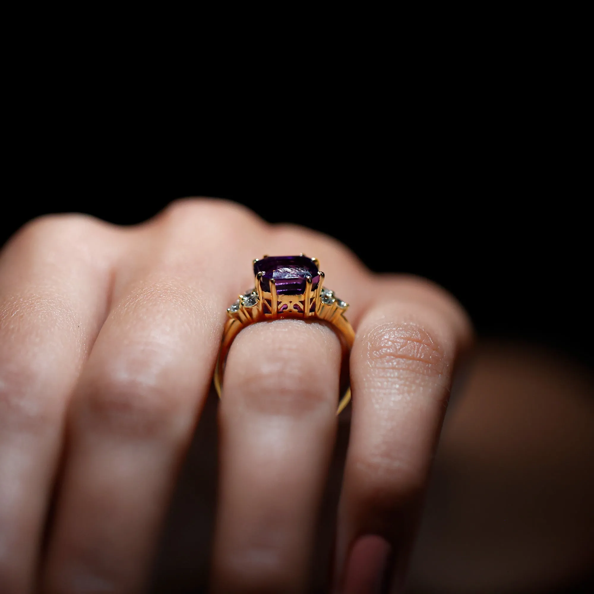 Asscher Solitaire Amethyst Engagement Ring with Diamond Trio
