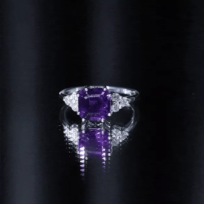 Asscher Solitaire Amethyst Engagement Ring with Diamond Trio